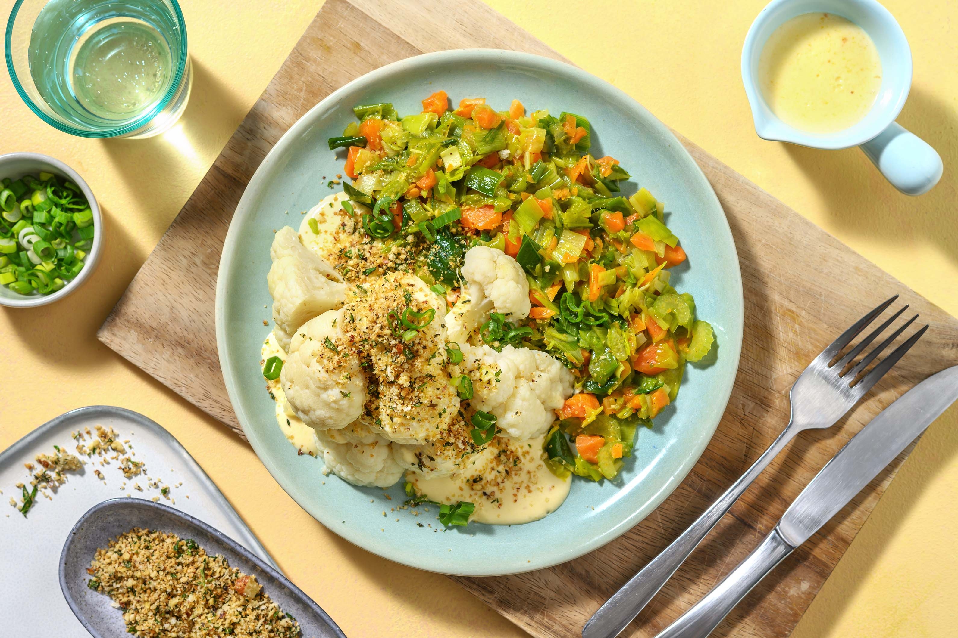 Blumenkohl mit Zitronenthymian-Bröseln und Käsesoße