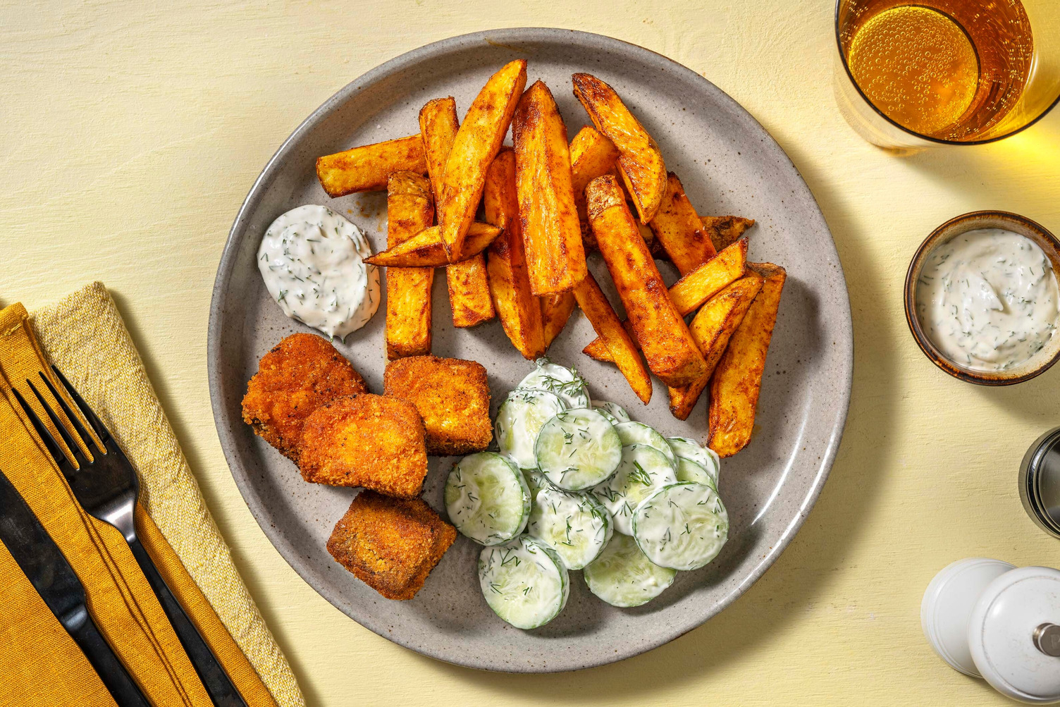 Bouchées de saumon et grosses frites