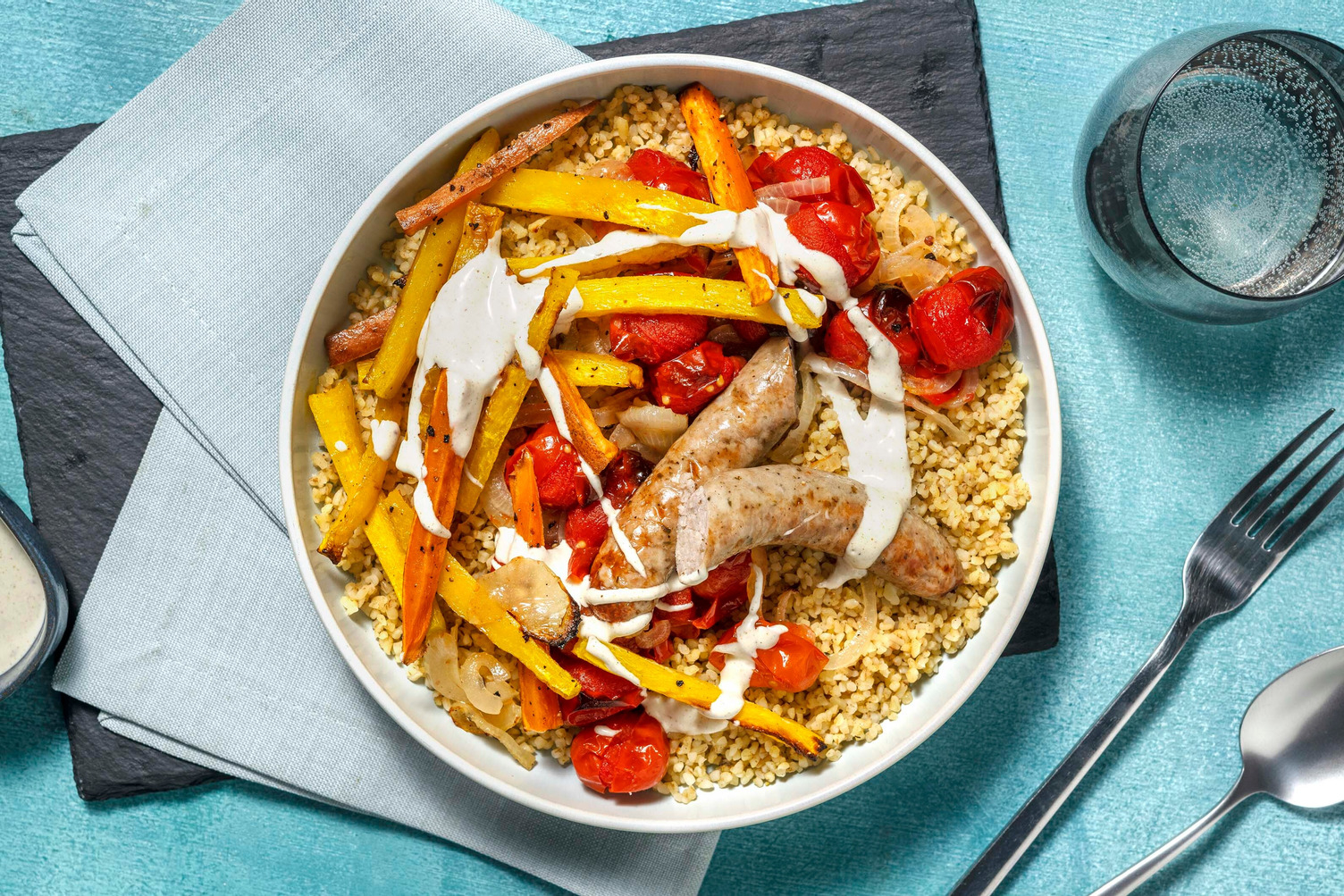 Bulgurbowl met venkelworst en ras el hanout-dressing