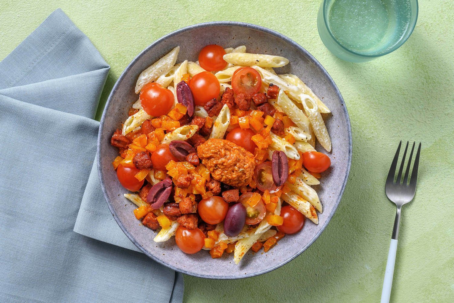 Bowl de pâtes au chorizo et olives