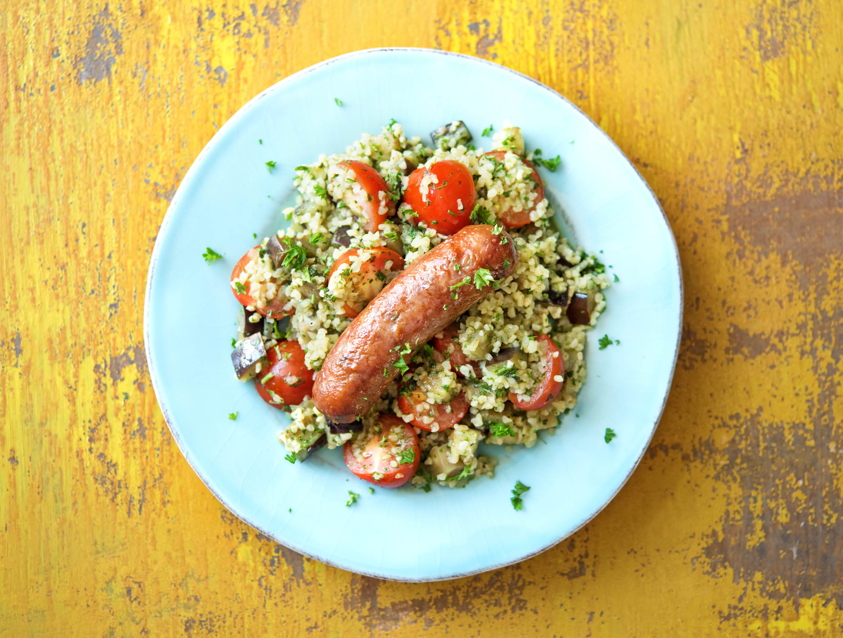 Saucisse de Brandt & Levie et boulgour, vinaigrette persil- menthe