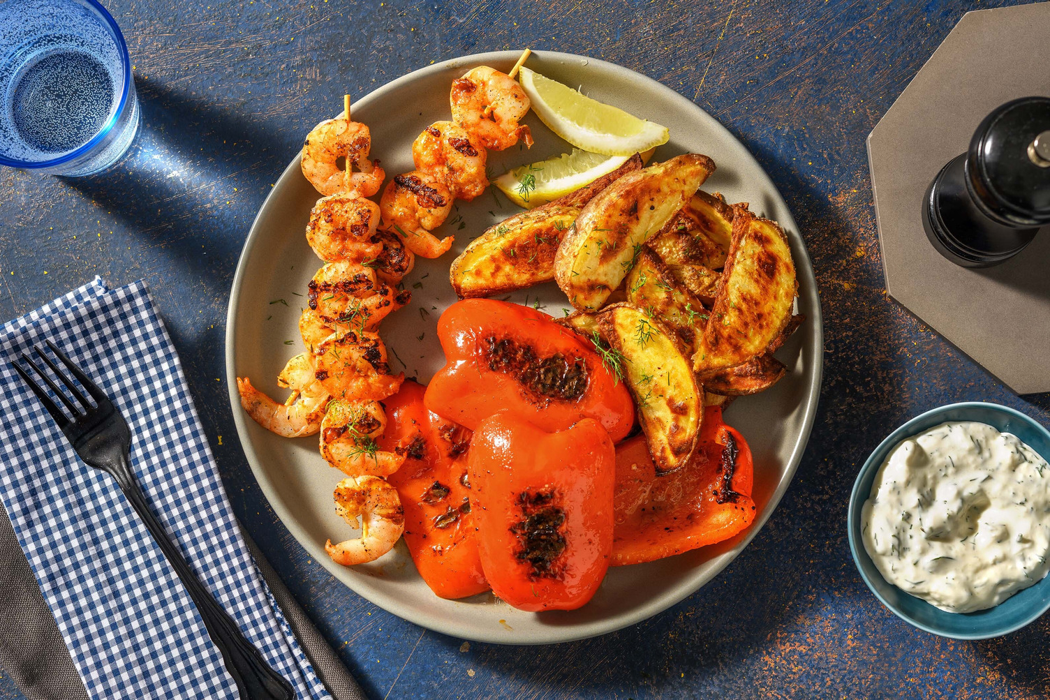 Old Bay Shrimp Skewers and Dill-Garlic Sauce