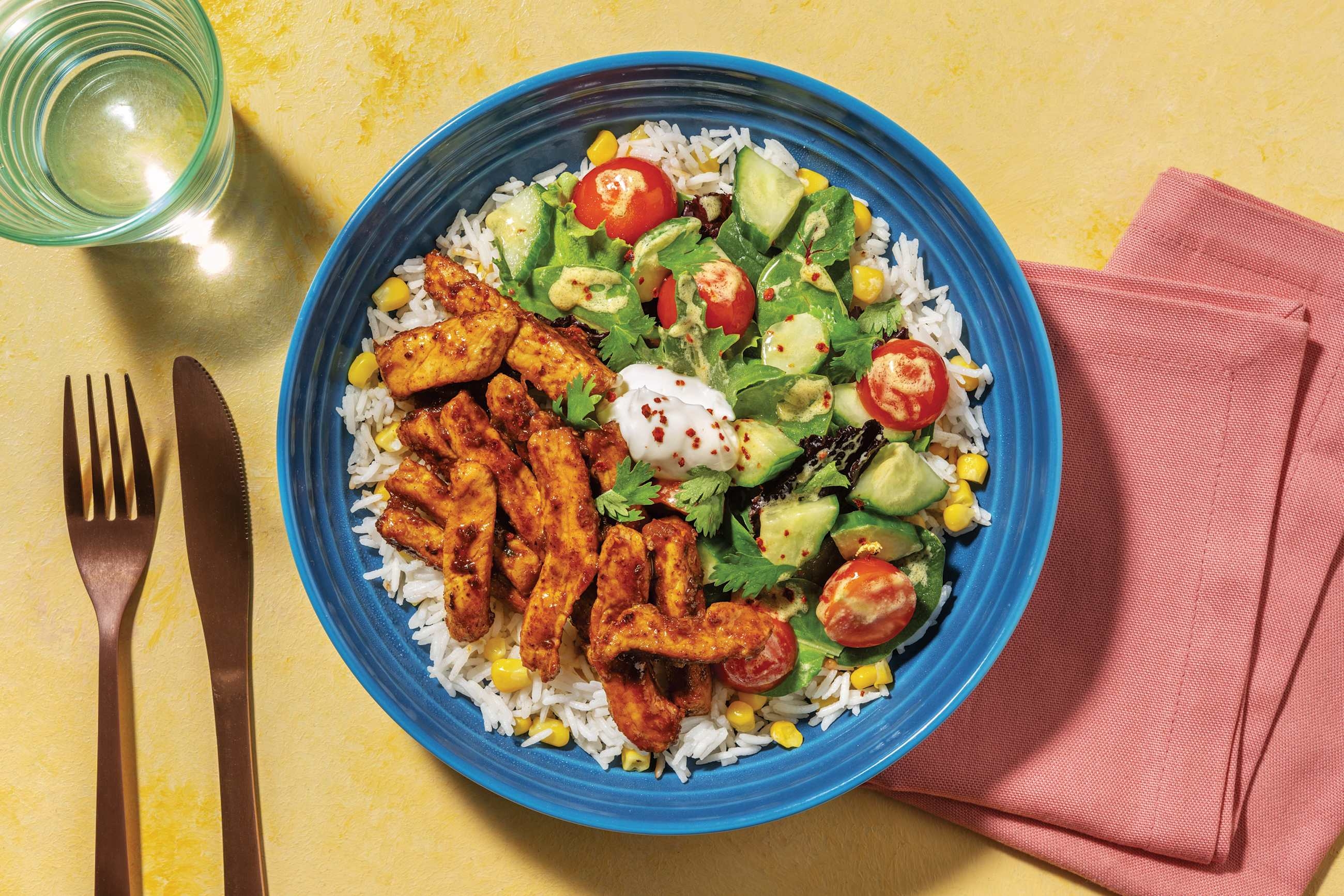 Caribbean Pork & Zingy Salad Rice Bowl with Mayo & Mustard-Cider Salad