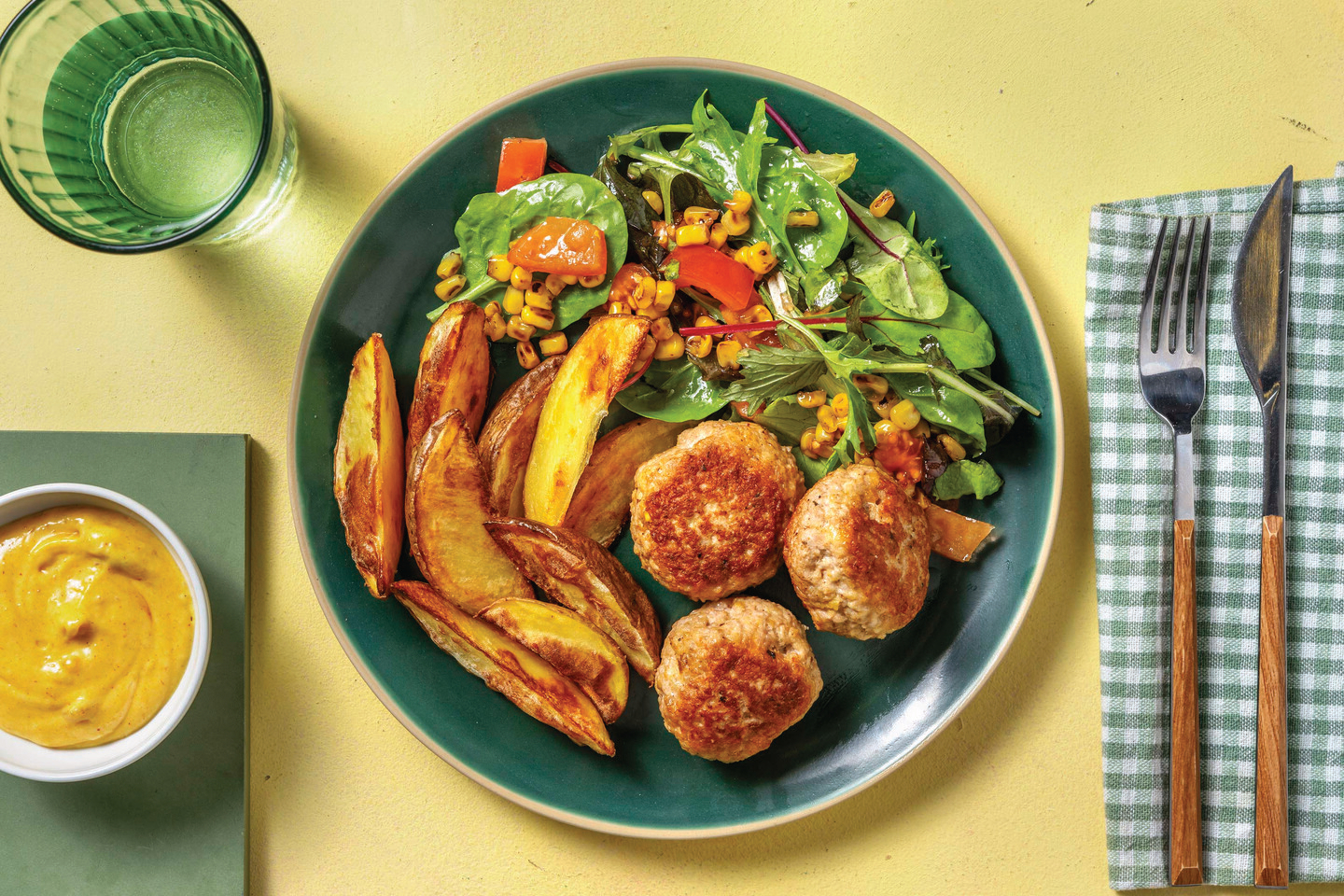 Caribbean-Spiced Pork Rissoles with Wedges, Corn Salad & Mango Mayo