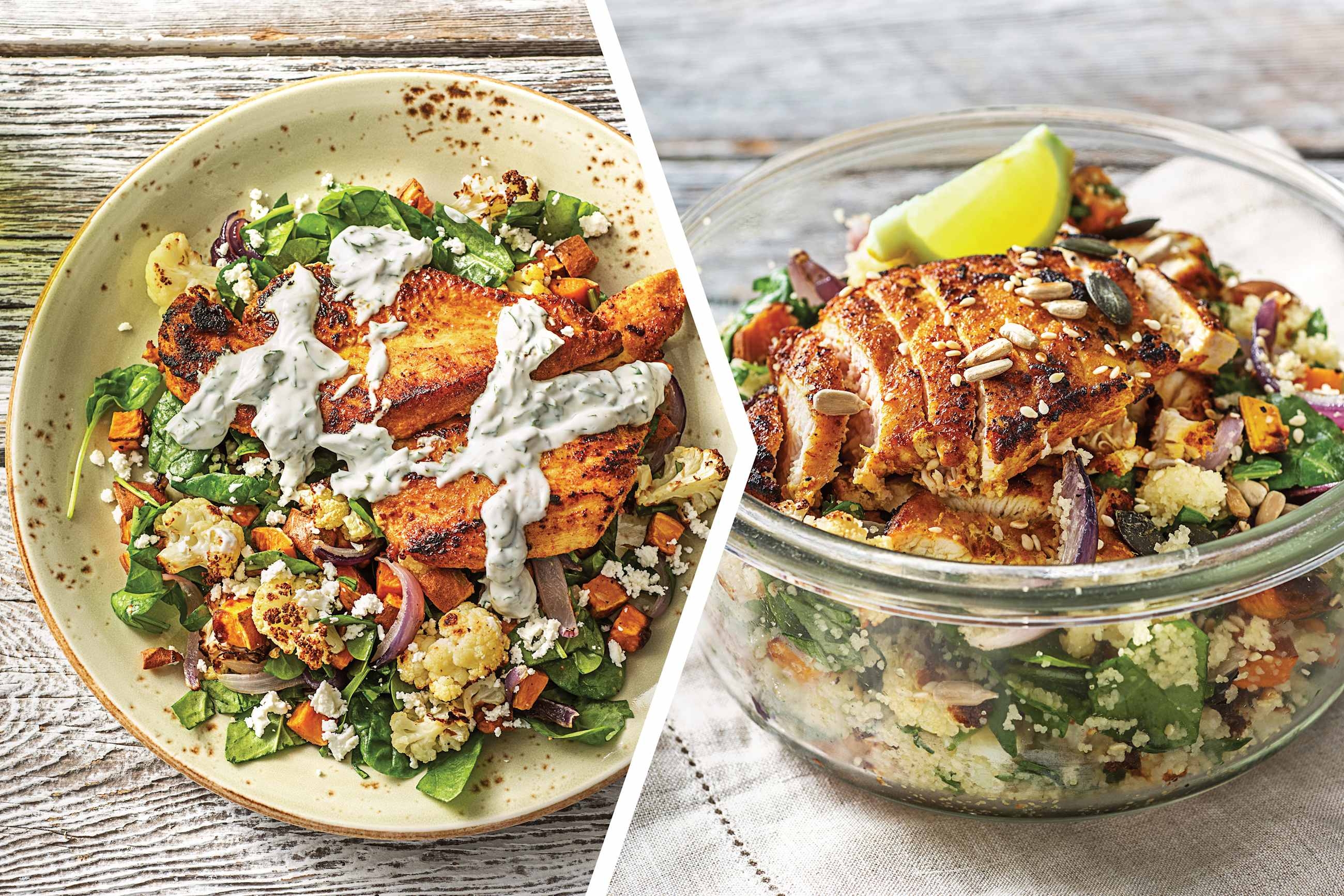 Dinner: Casablanca Chicken & Roast Veggie Medley / Lunch: Moroccan Chicken & Couscous Bowl