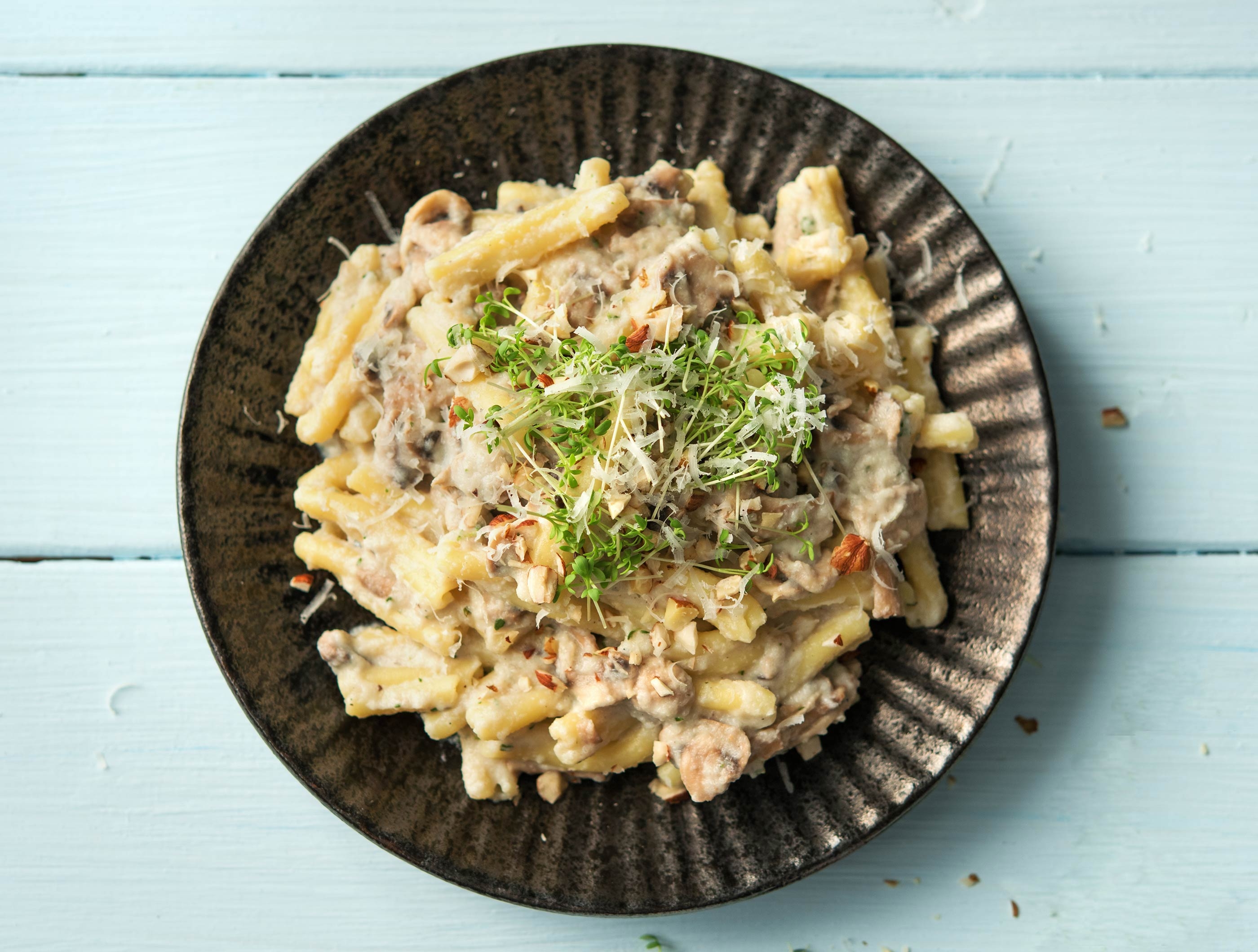 Casarecce à la crème de chou-fleur et aux champignons