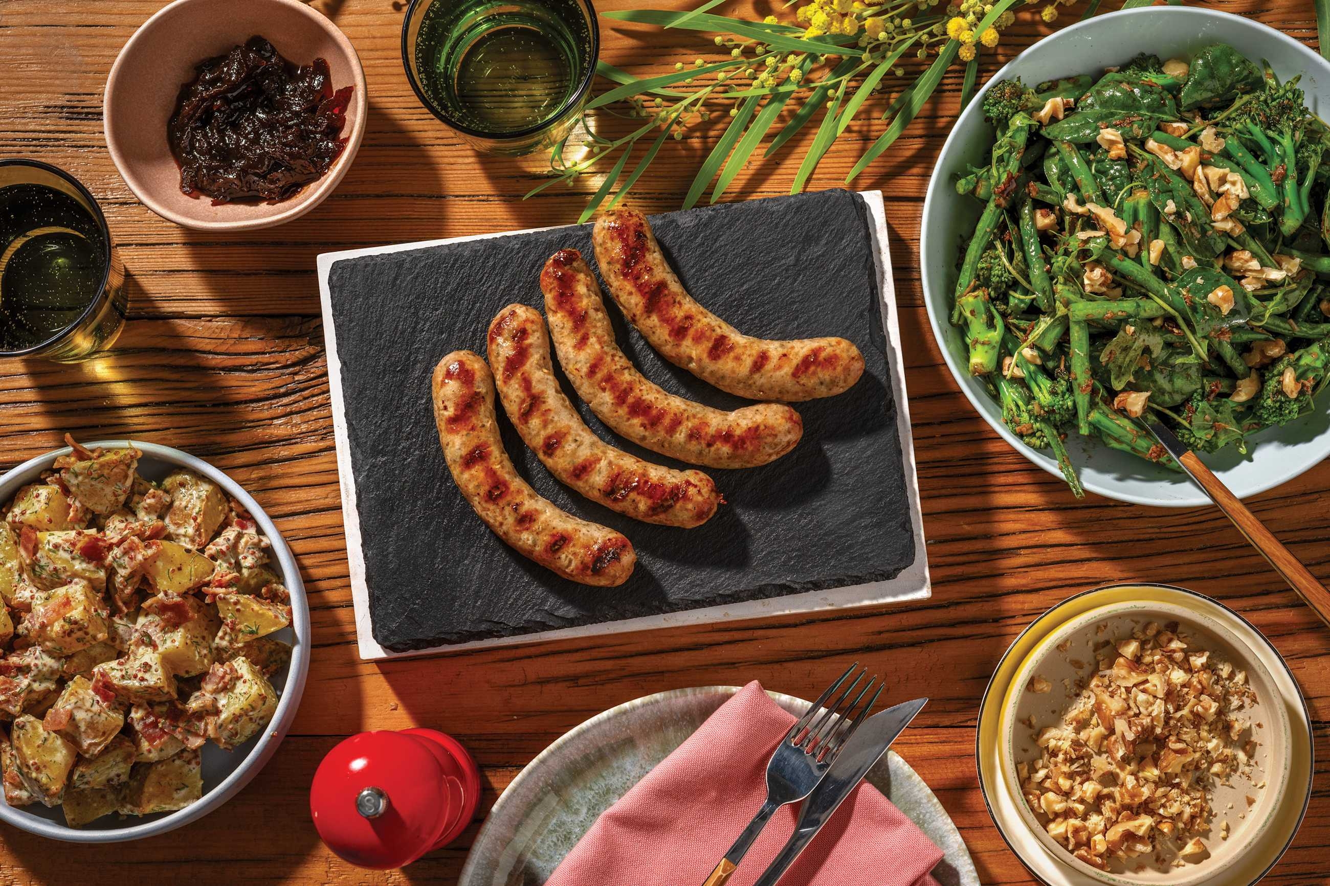 Chargrilled Pork Sausages & Cheesy Greens