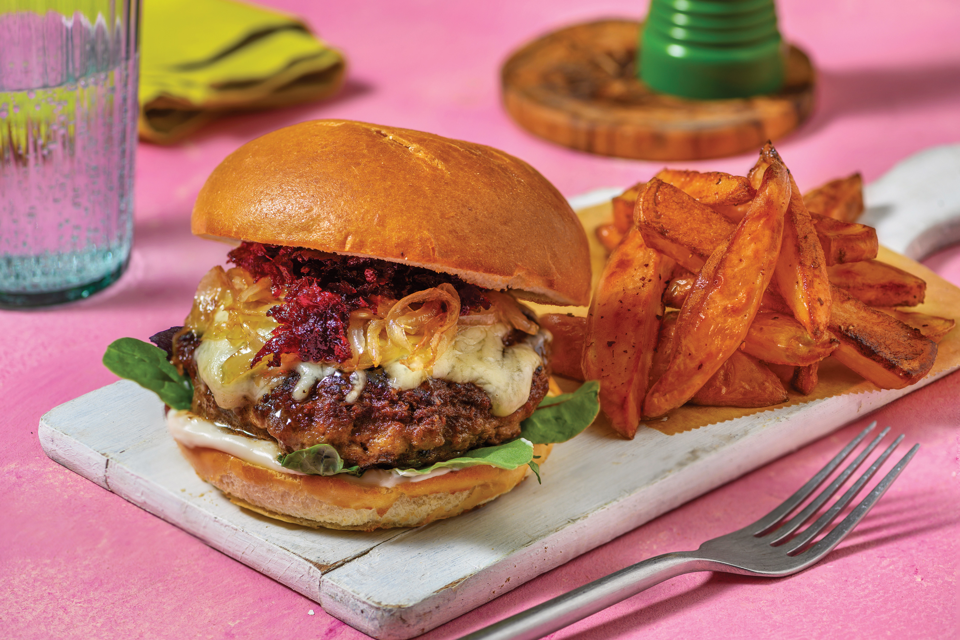 Cheesy Beef Burger & Kumara Fries