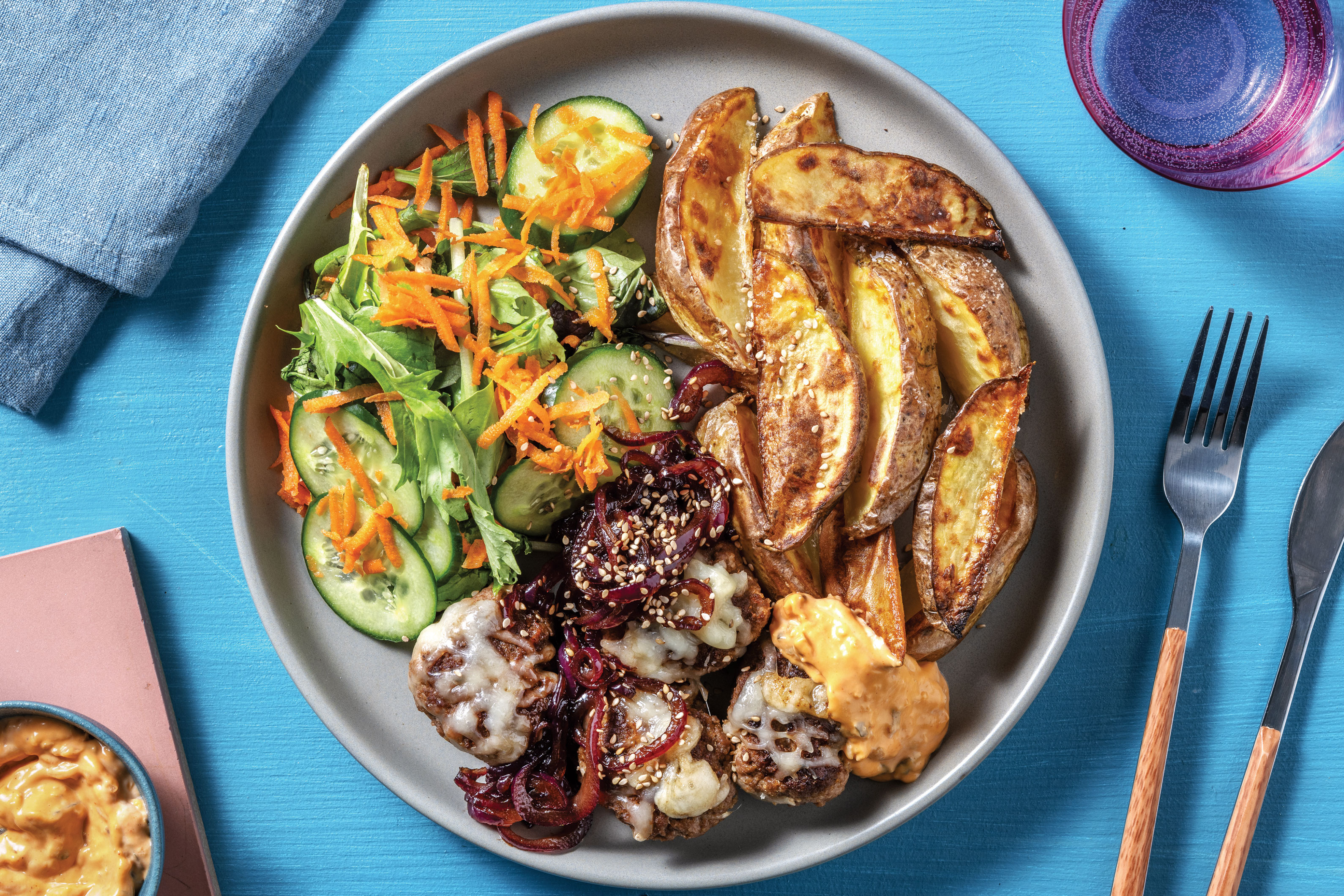 Cheesy Beef Rissoles & Potato Wedges