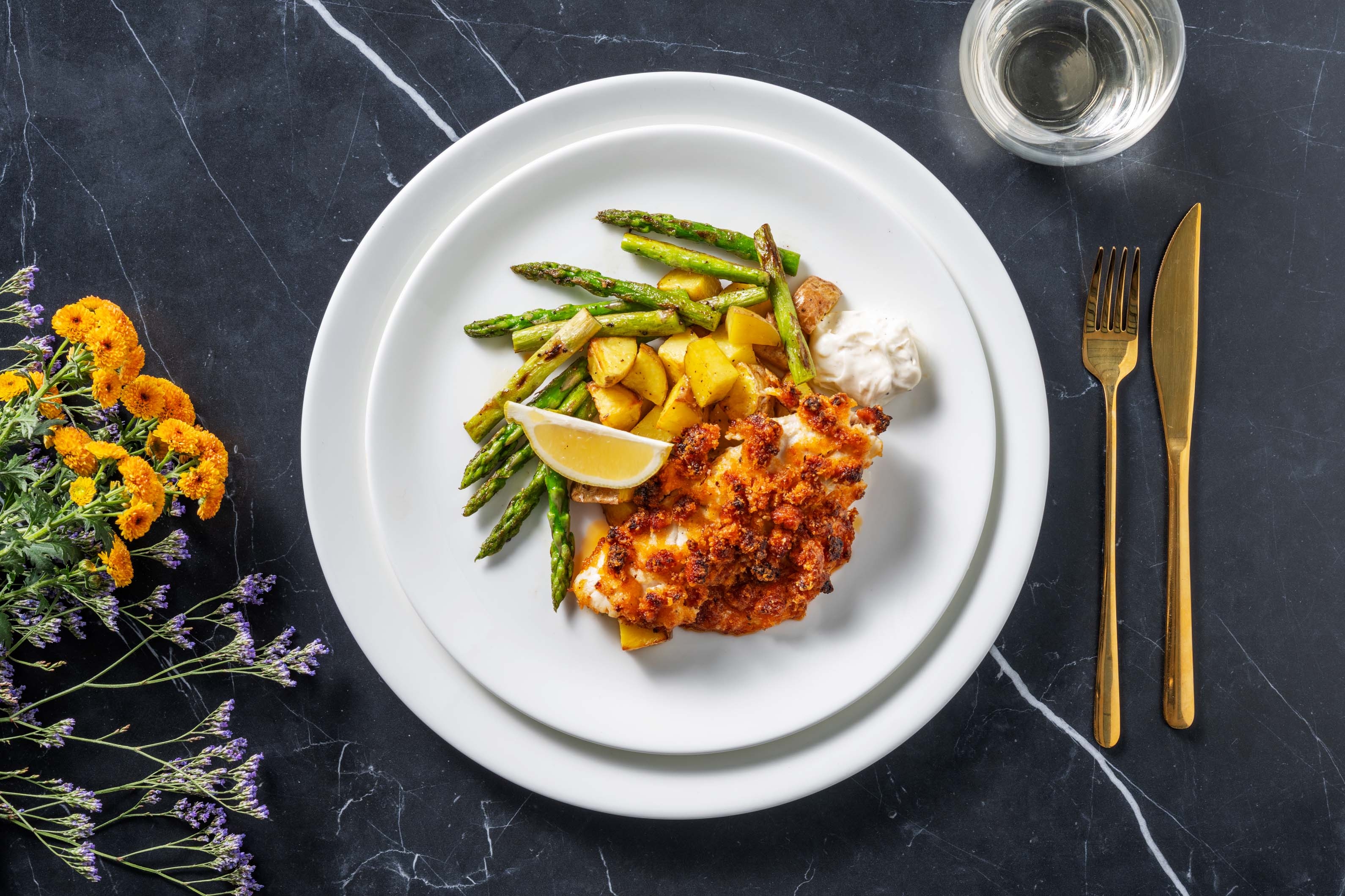 Cheesy Chorizo Crusted Sea Bream with Roasted Potatoes, Asparagus and Aioli