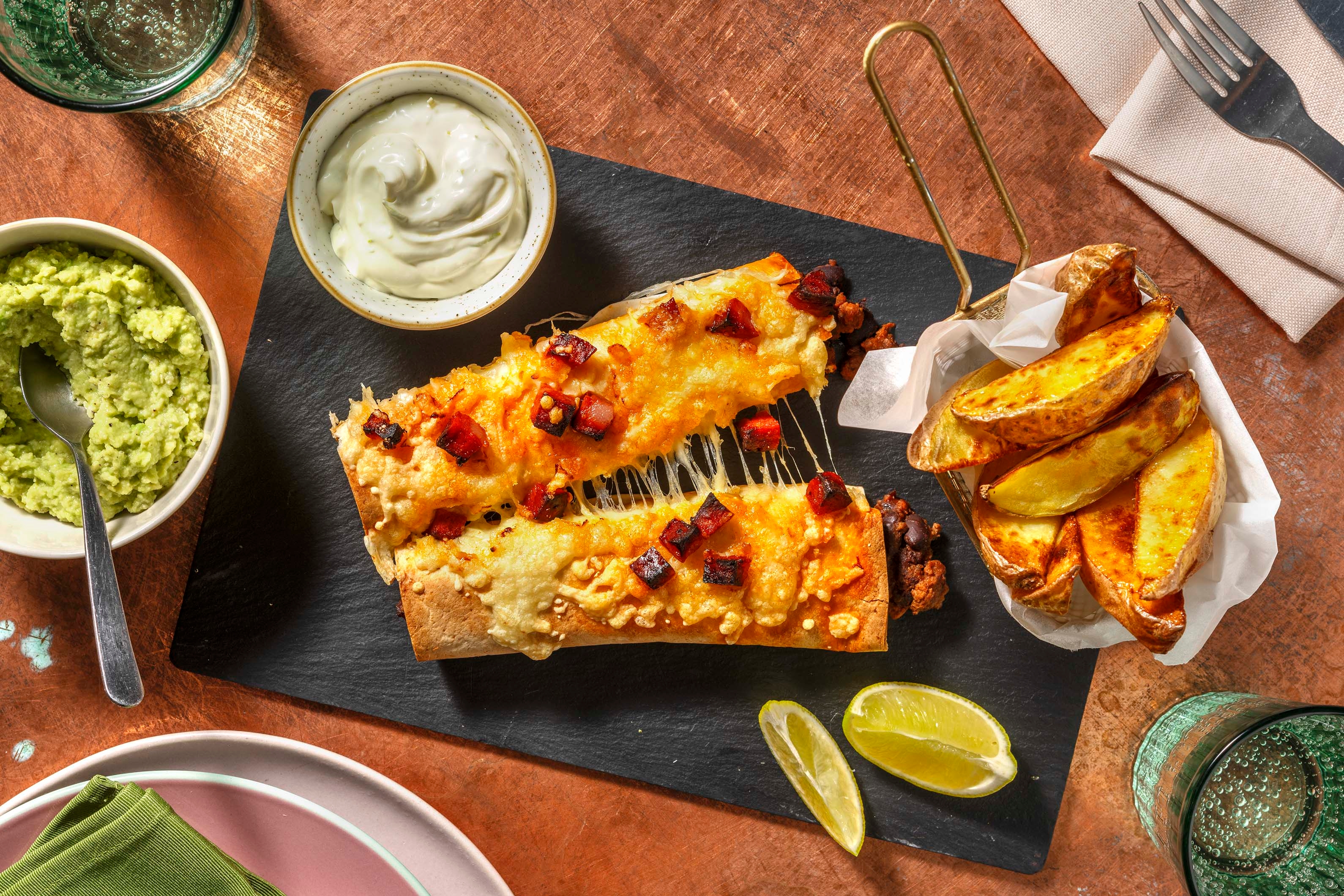 Cheesy Chorizo Topped Beef Enchiladas