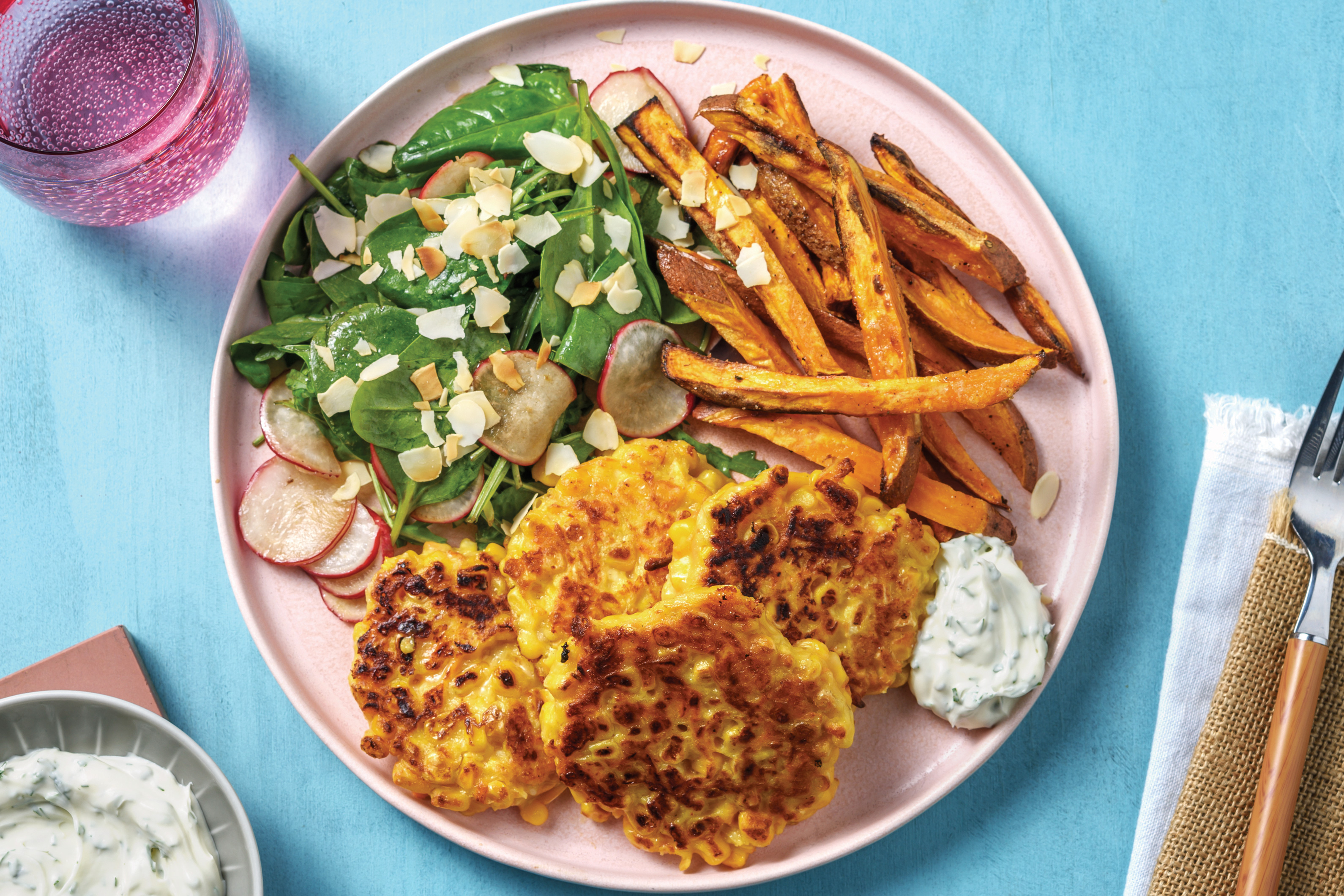 Cheesy Corn Fritters & Kumara Fries
