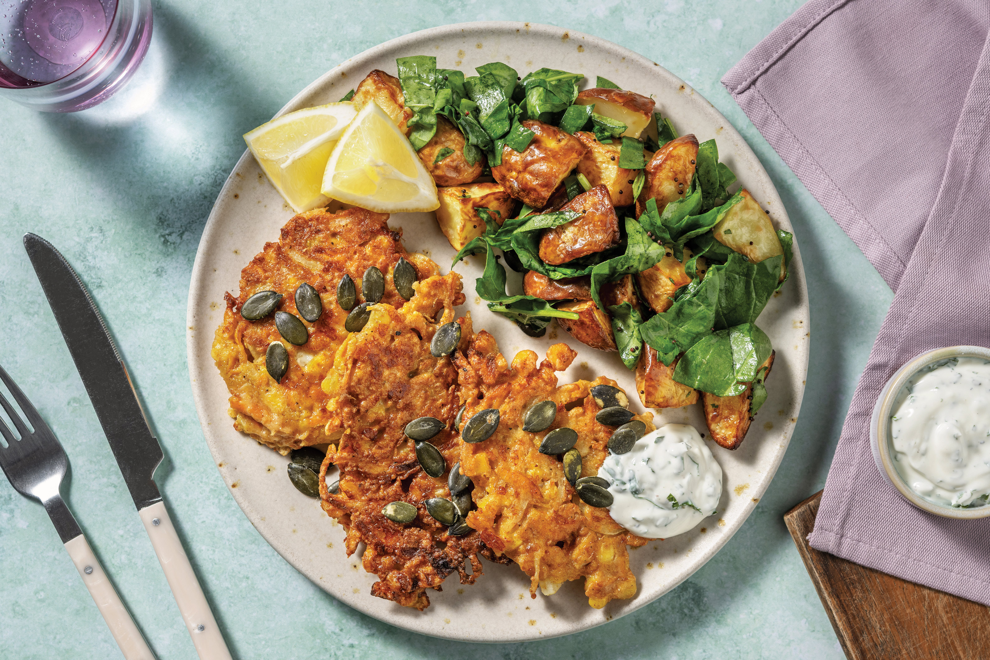 Cheesy Mumbai Corn Fritters & Potato Toss