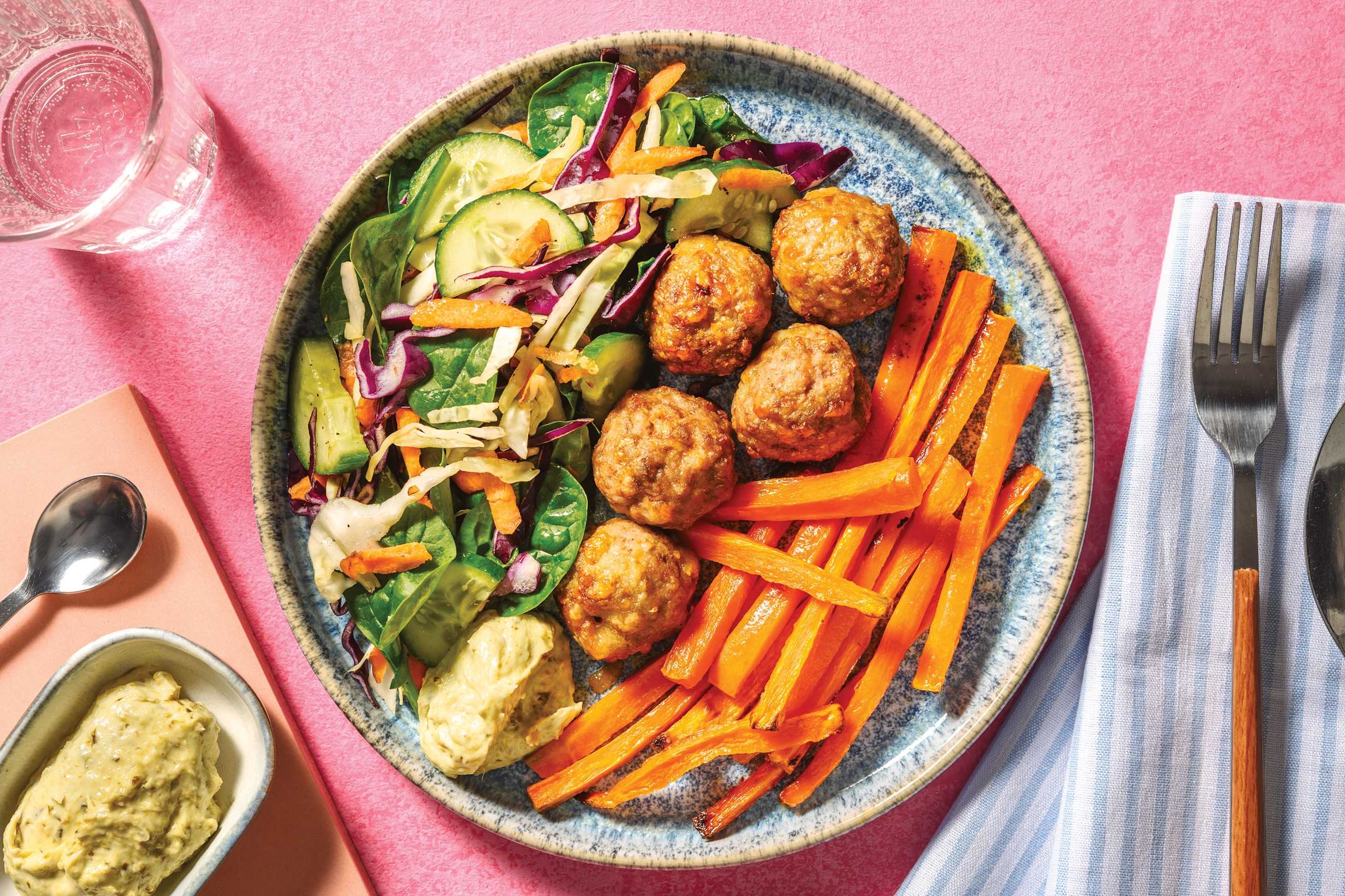 Cheesy Pork Meatballs & Carrot Fries