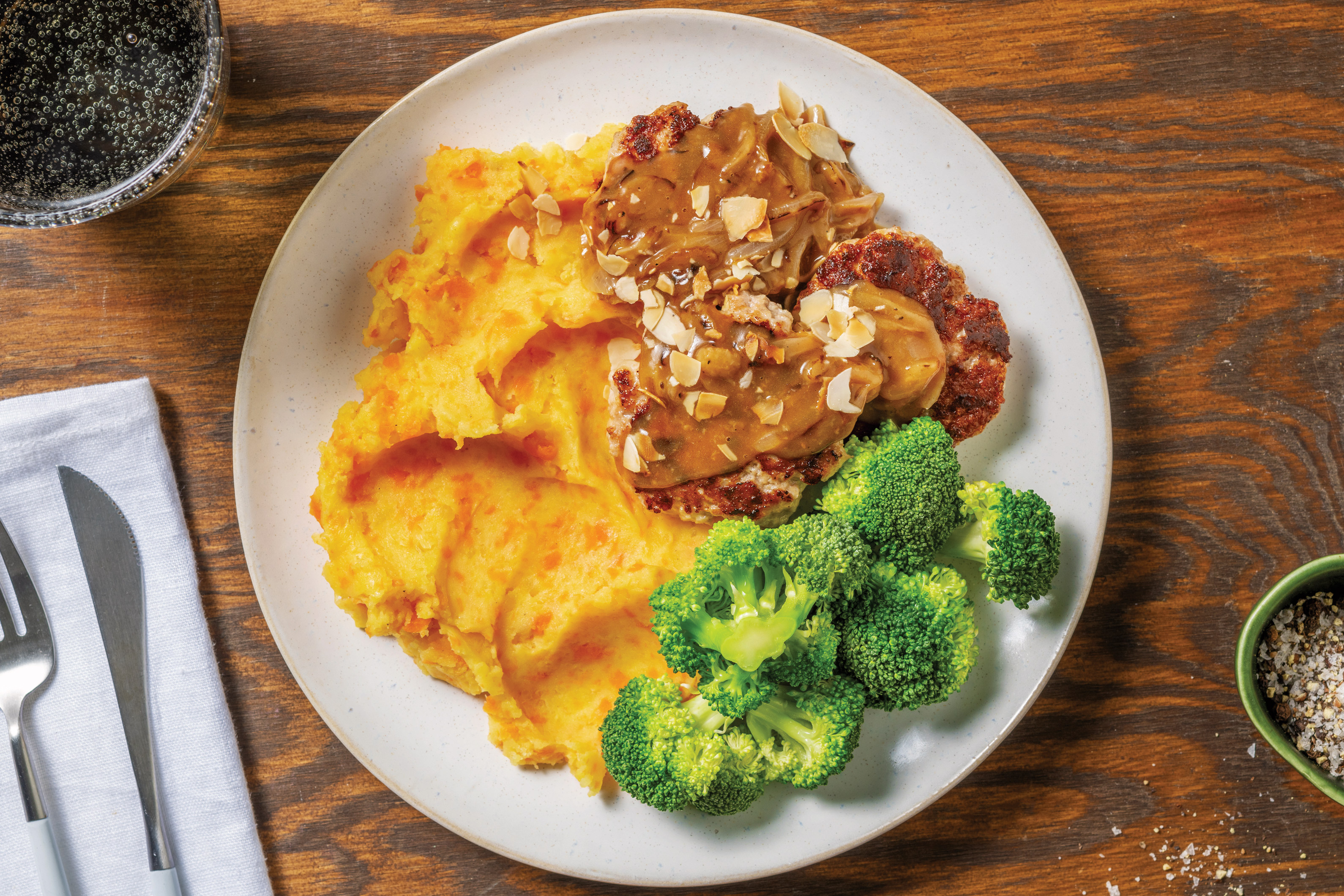 Cheesy Pork Rissoles & Onion Gravy