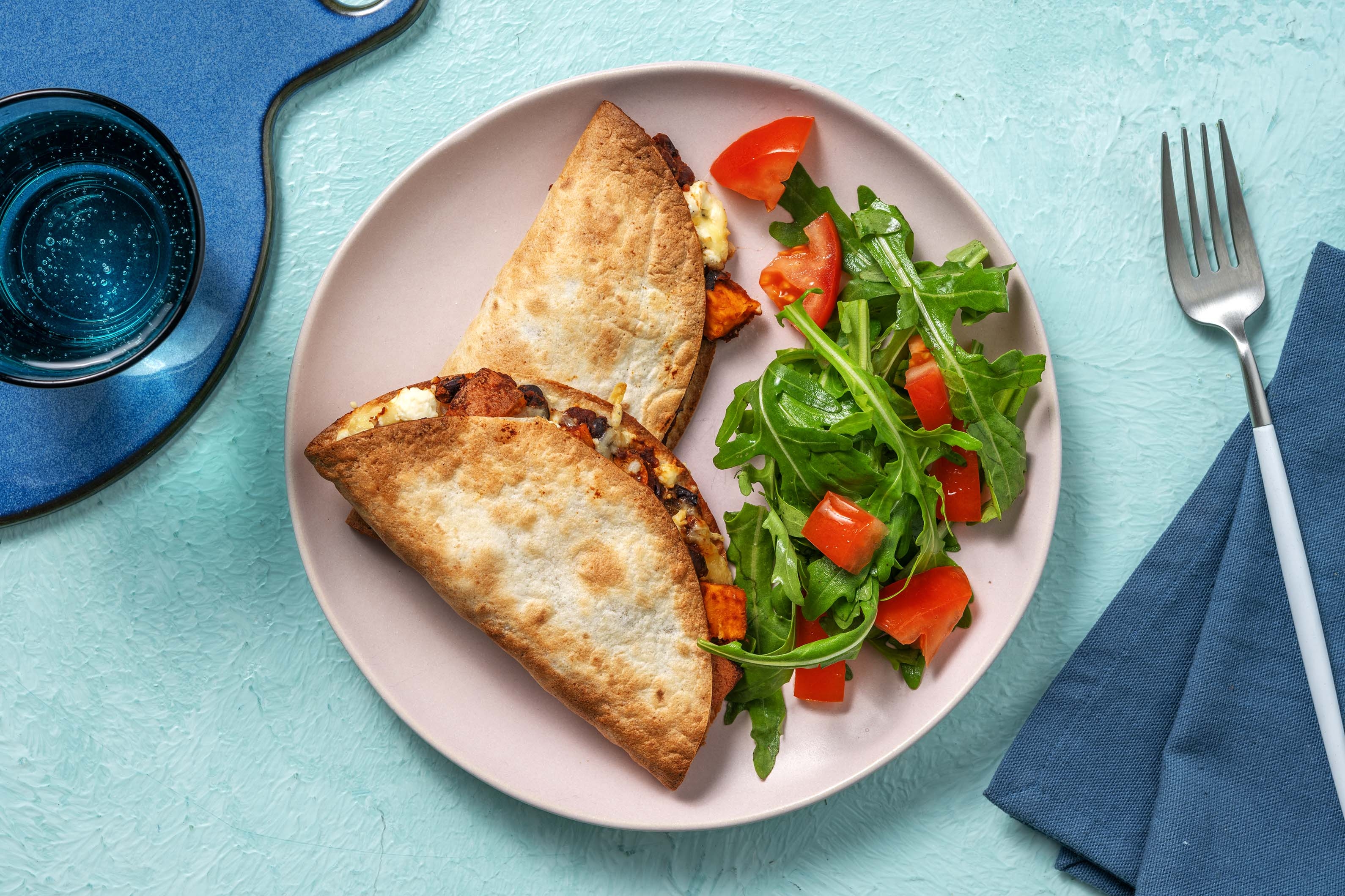 Cheesy Sweet Potato Quesadillas with Diced Chorizo