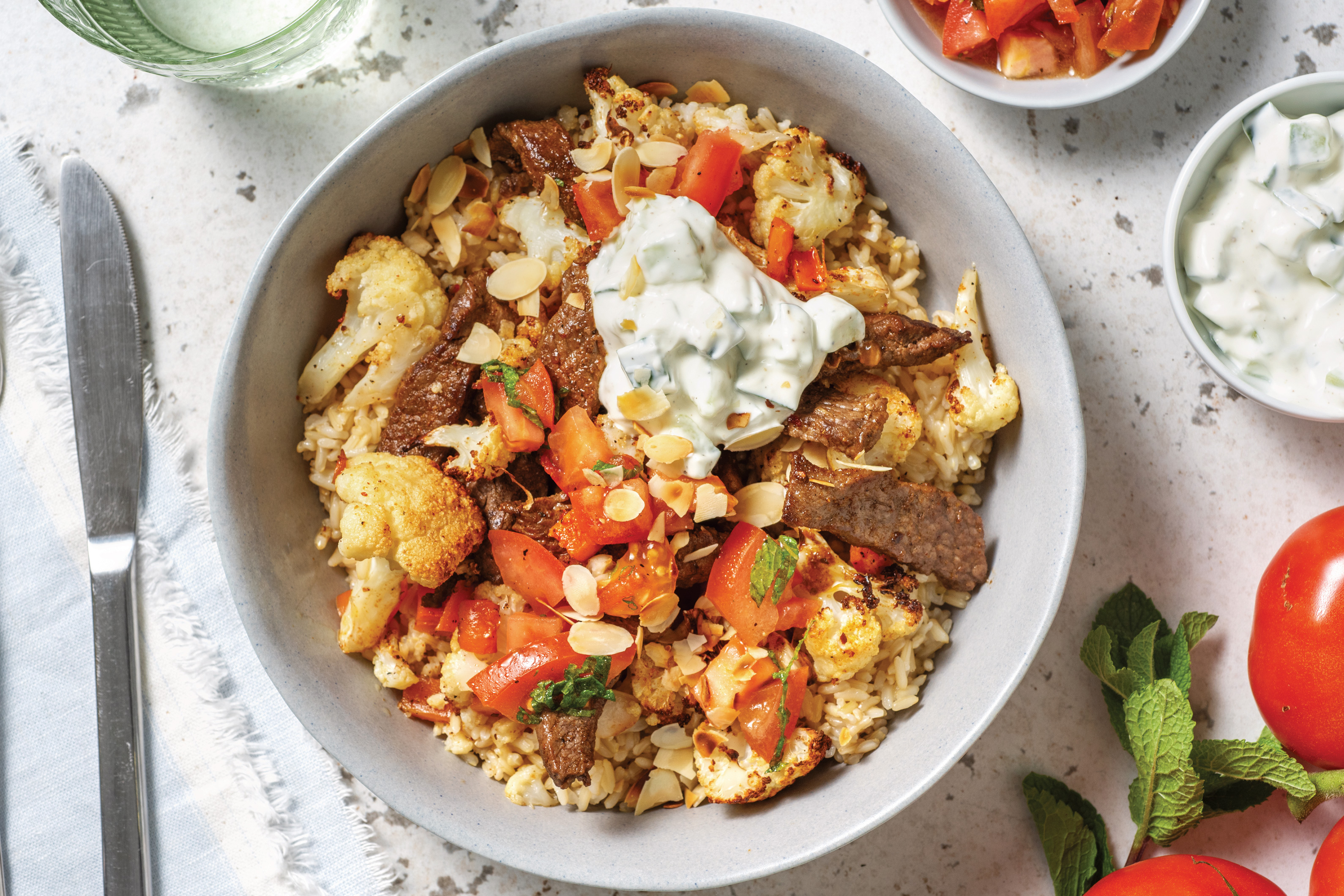 Chermoula Beef & Brown Rice Bowl with Dukkah Cauliflower & Cucumber Yoghurt