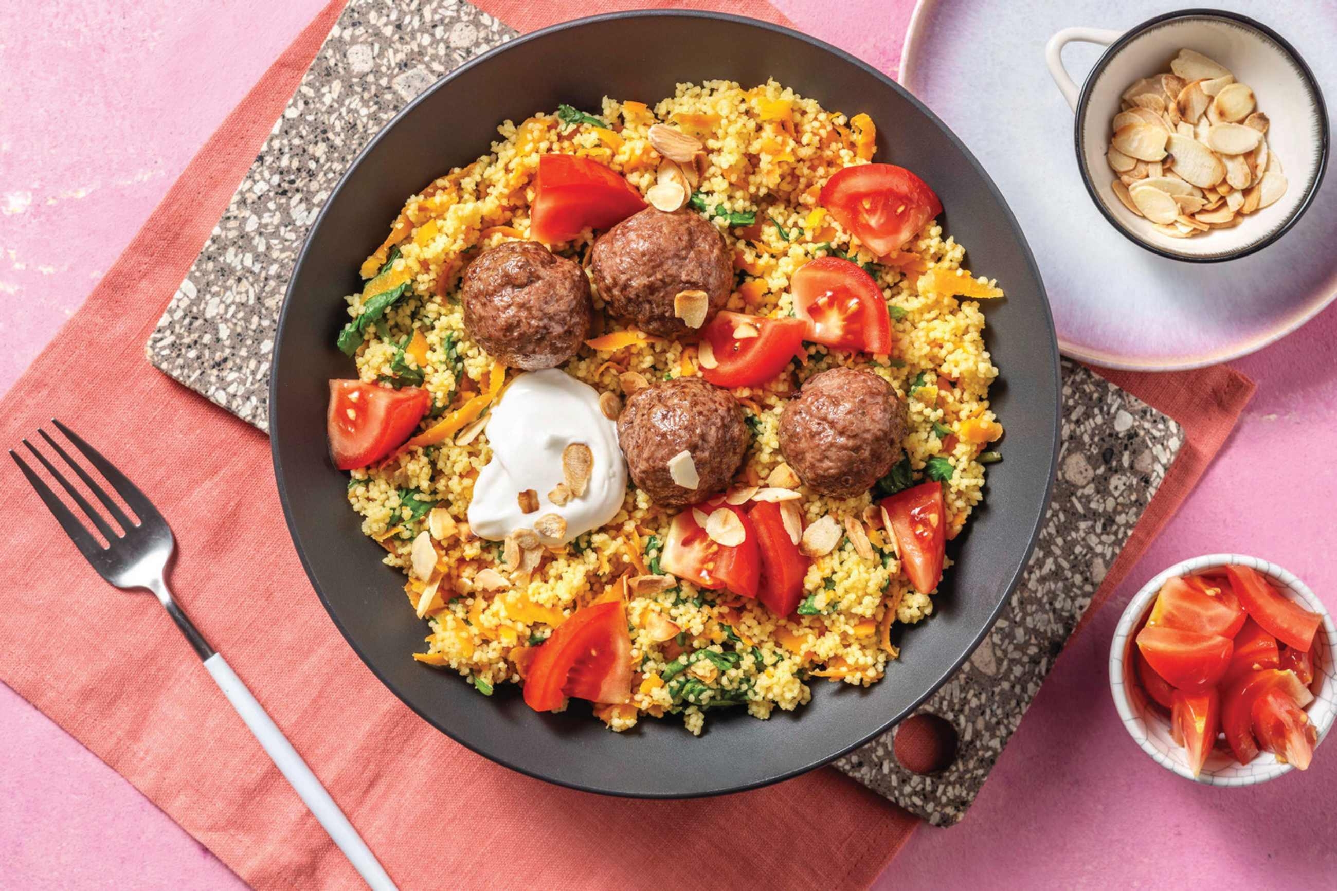 Quick Chermoula Beef-Pork Meatballs & Grilled Haloumi