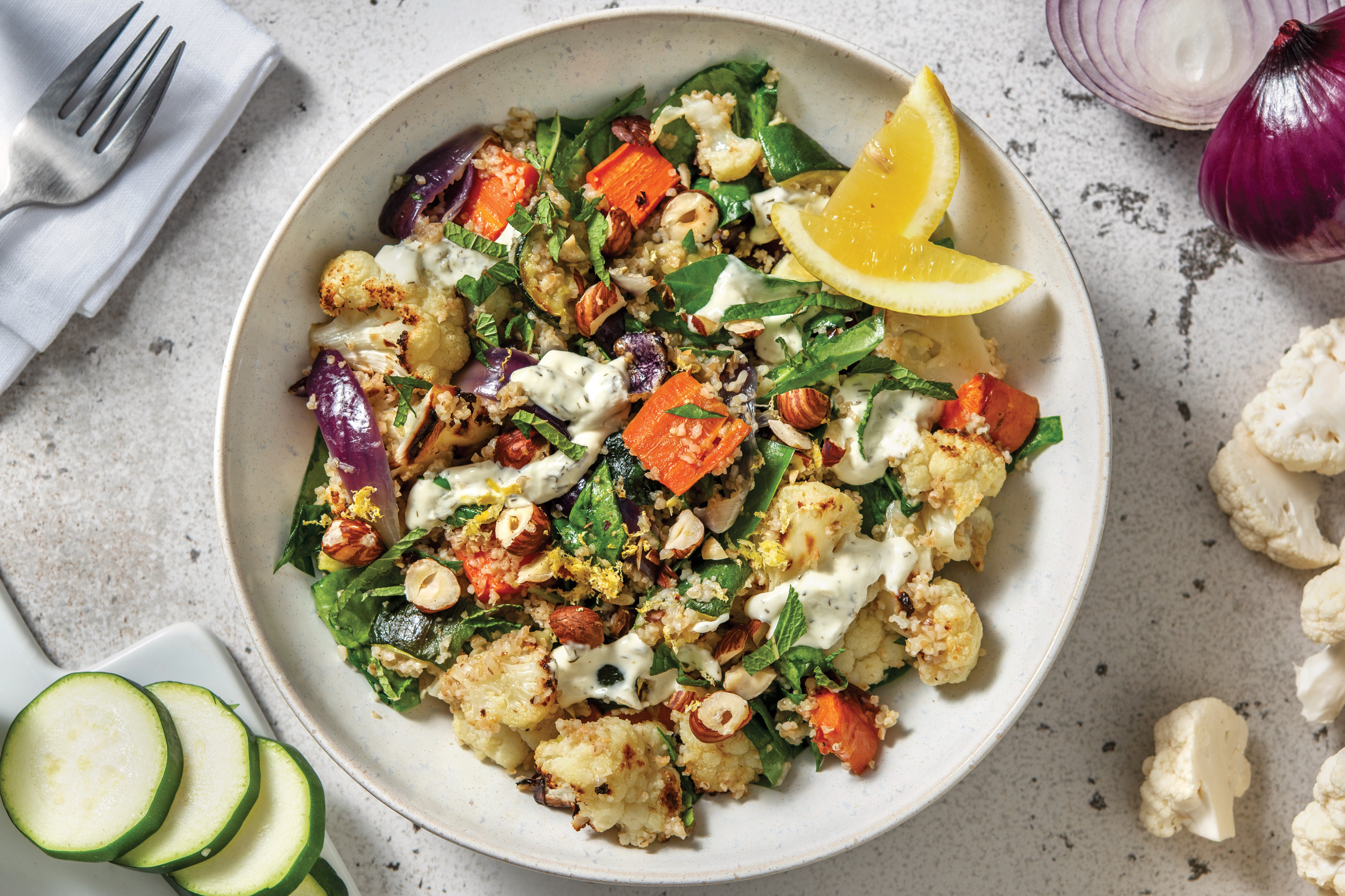 Chermoula Cauliflower & Bulgur Wheat with Dill & Parsley Mayo & Lemon Hazelnut Topping