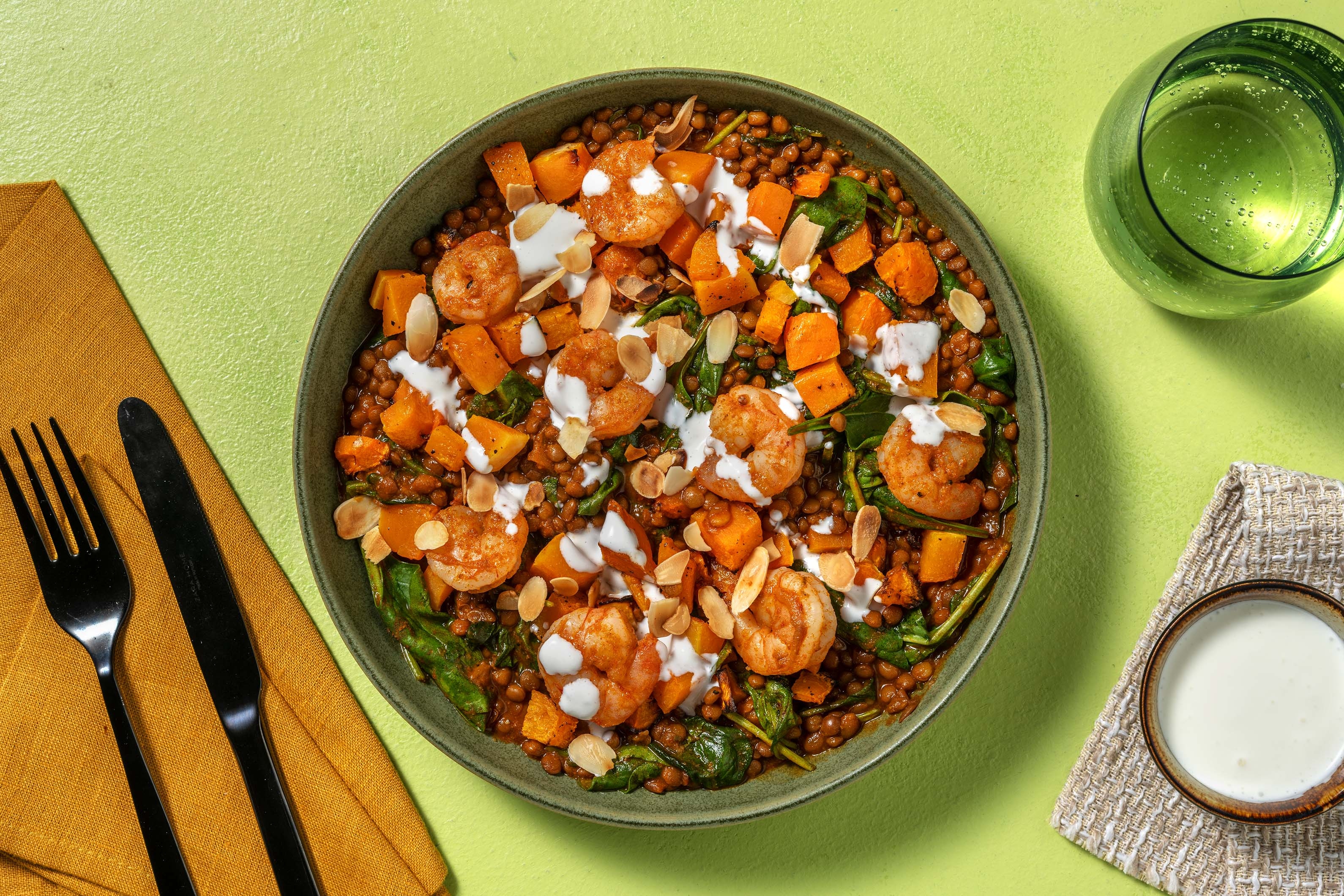 Chermoula Prawns on Harissa Lentils