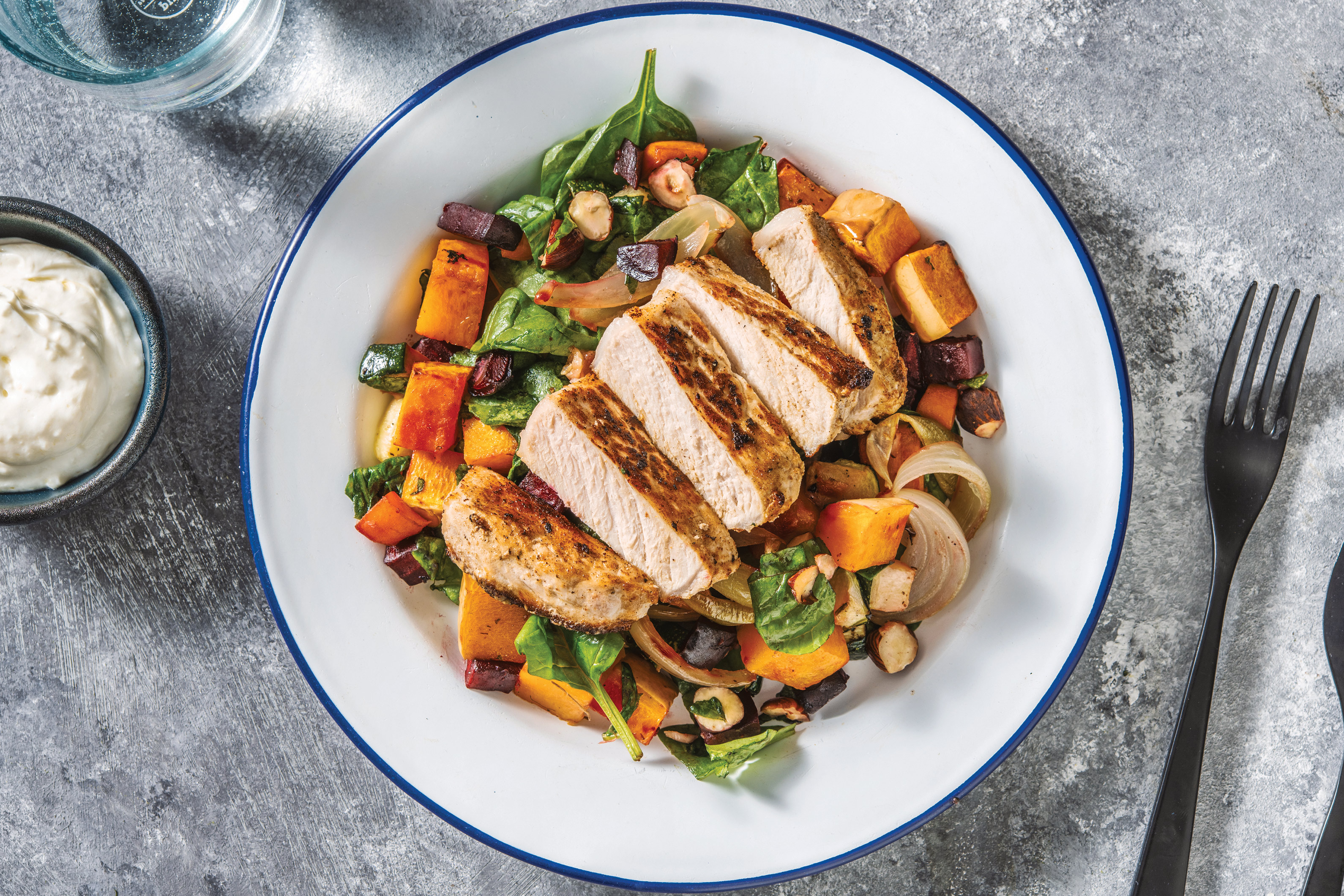 Moroccan Pork & Roasted Veggies with Garlic Yoghurt & Hazelnuts