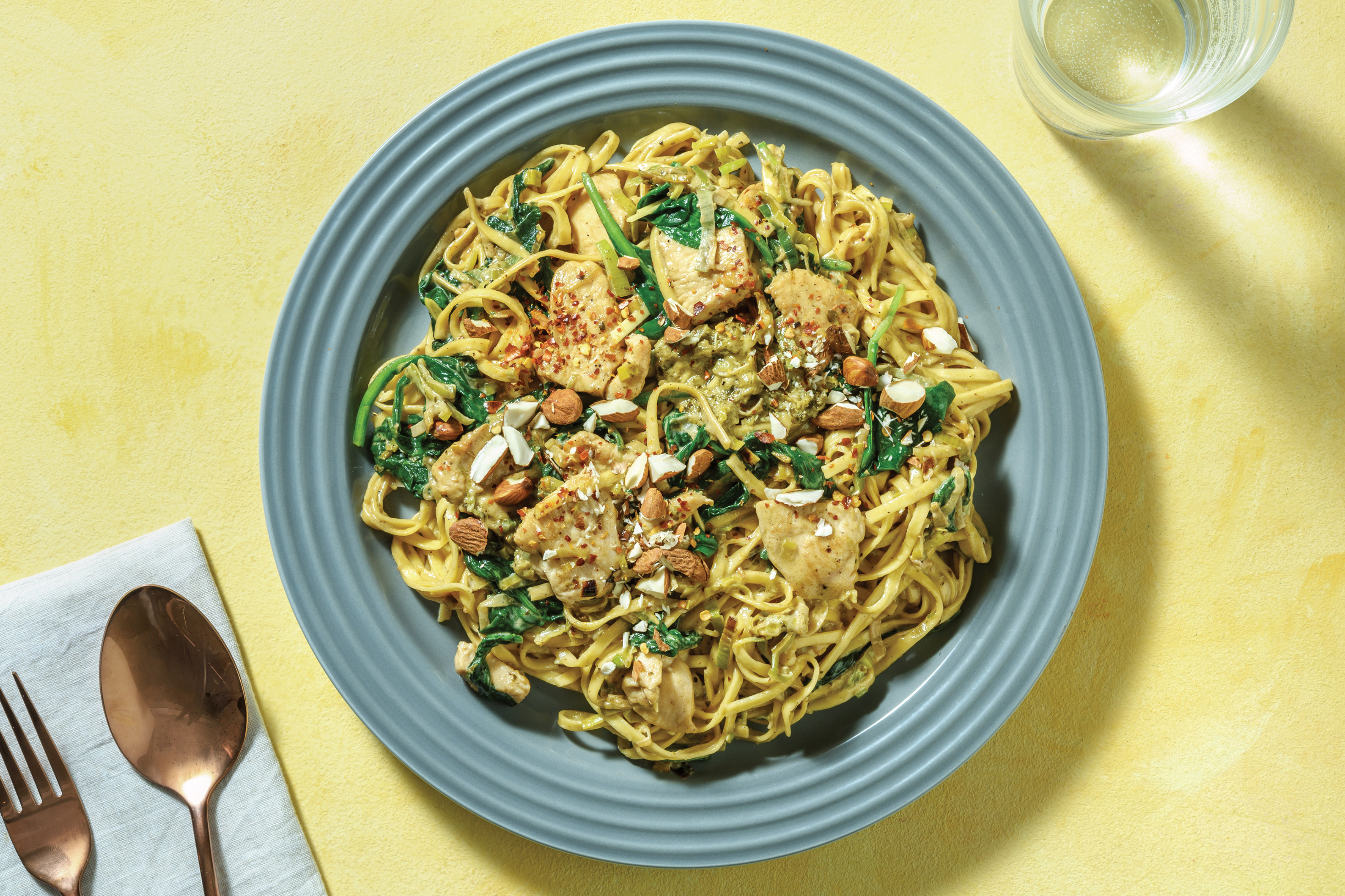 Chicken Alfredo & Fresh Fettuccine with Greens & Almonds