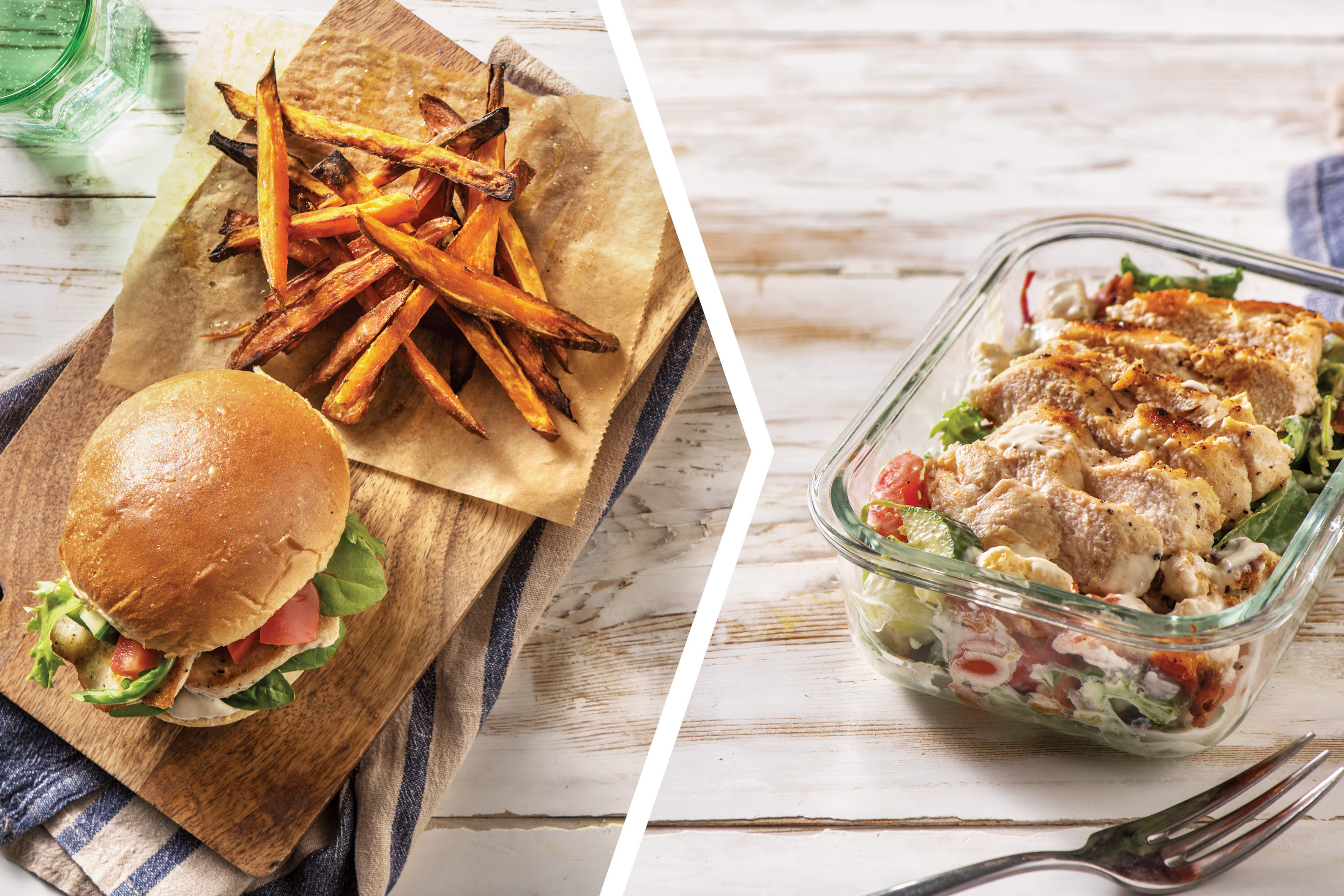 Chicken Caesar Burger with Sweet Potato Fries for Dinner