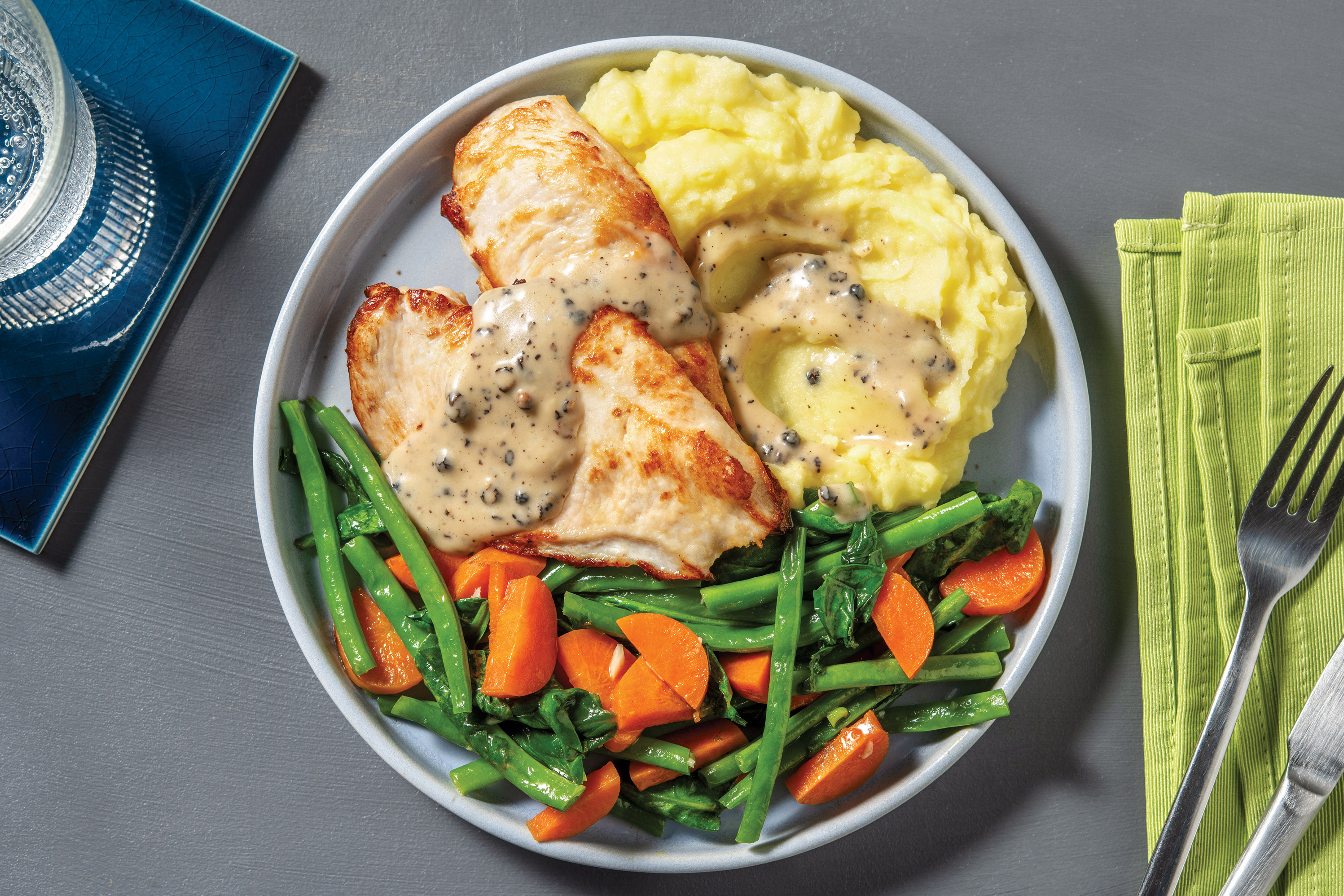 Chicken & Creamy Peppercorn Sauce with Mashed Potato & Garlicky Veggies