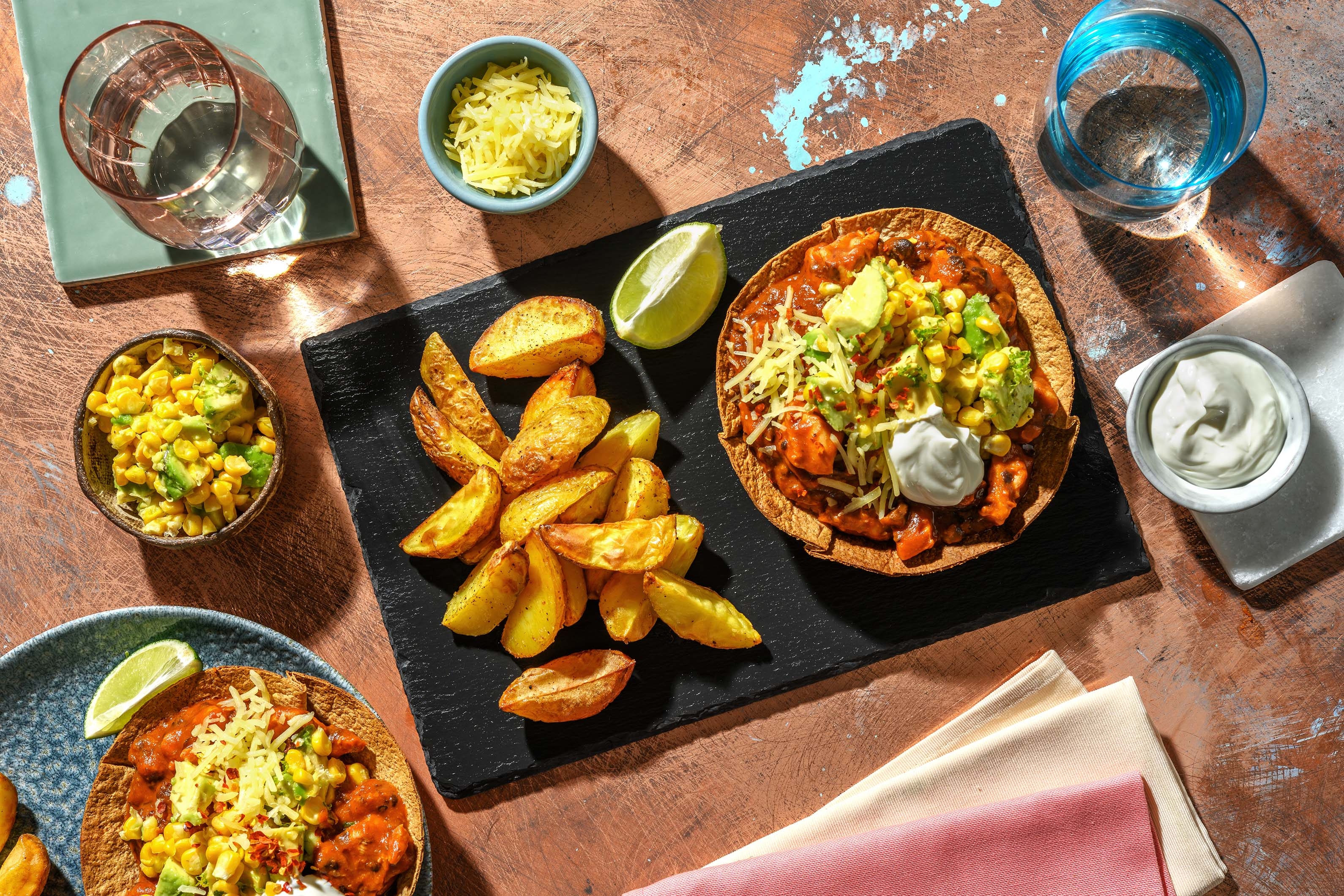 Chicken Fajita Taco Bowl and Wedges