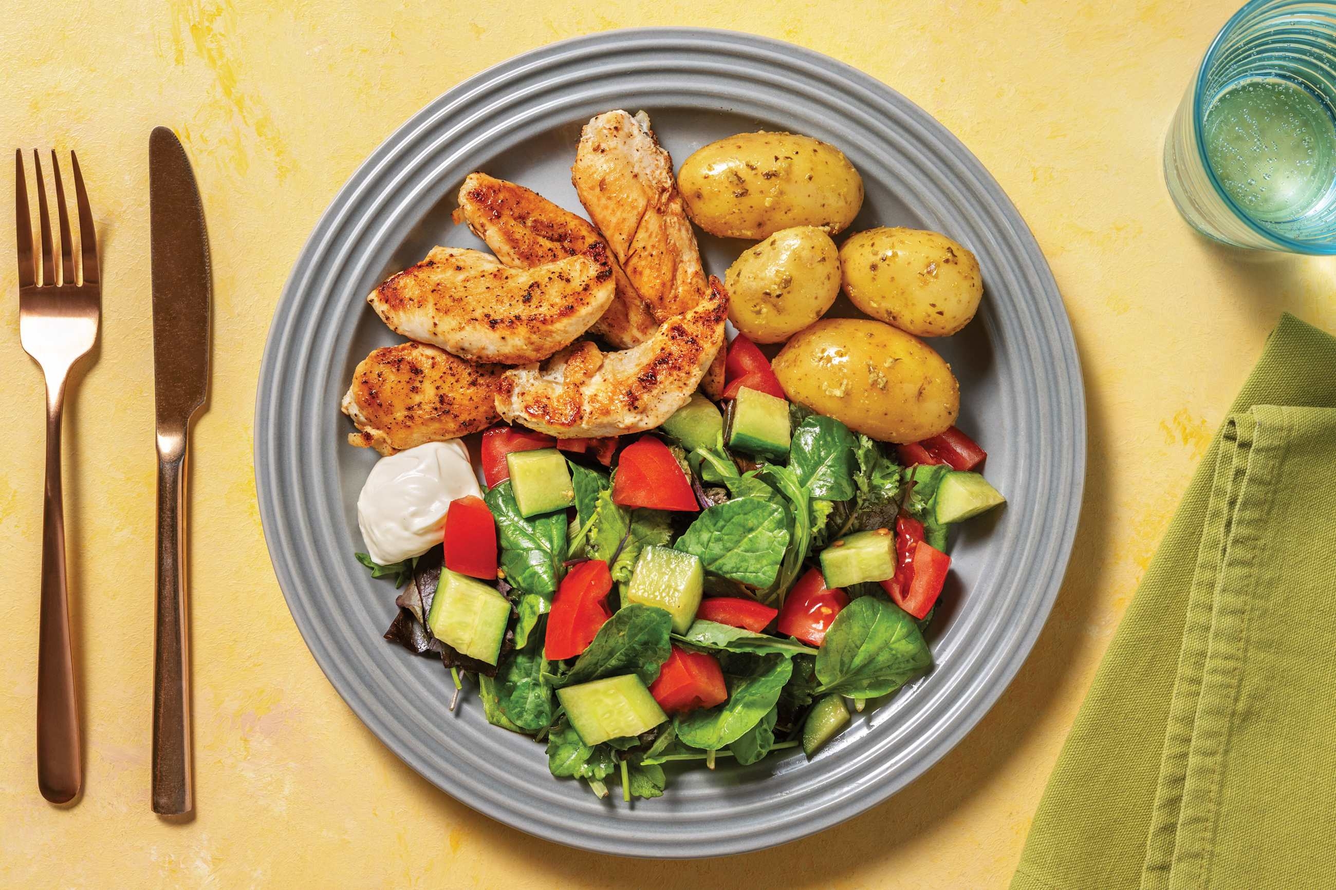 All-American Chicken with Garlic-Herb Potatoes & Salad