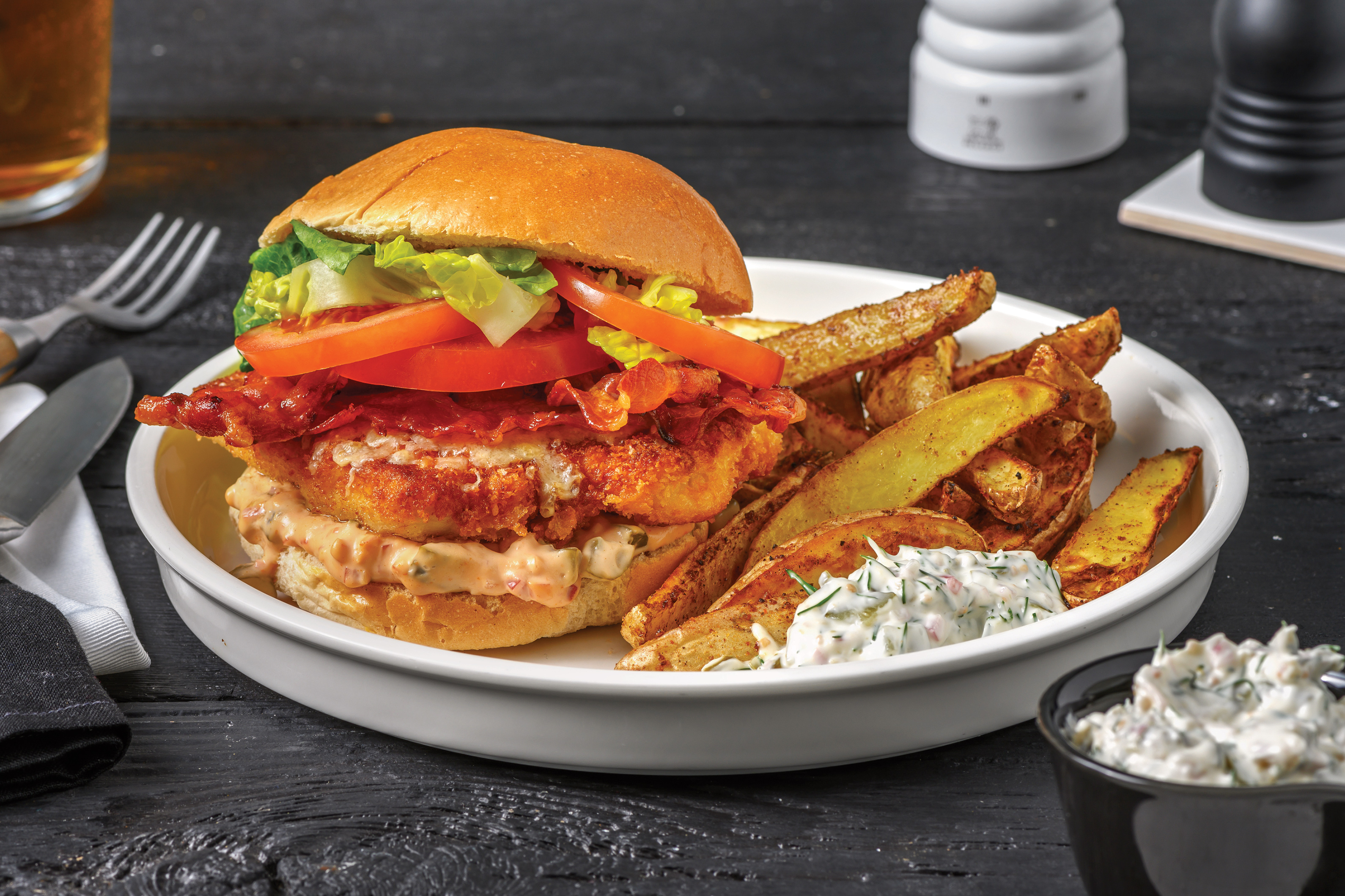 Chicken Schnitzel Burger & Caramelised Bacon