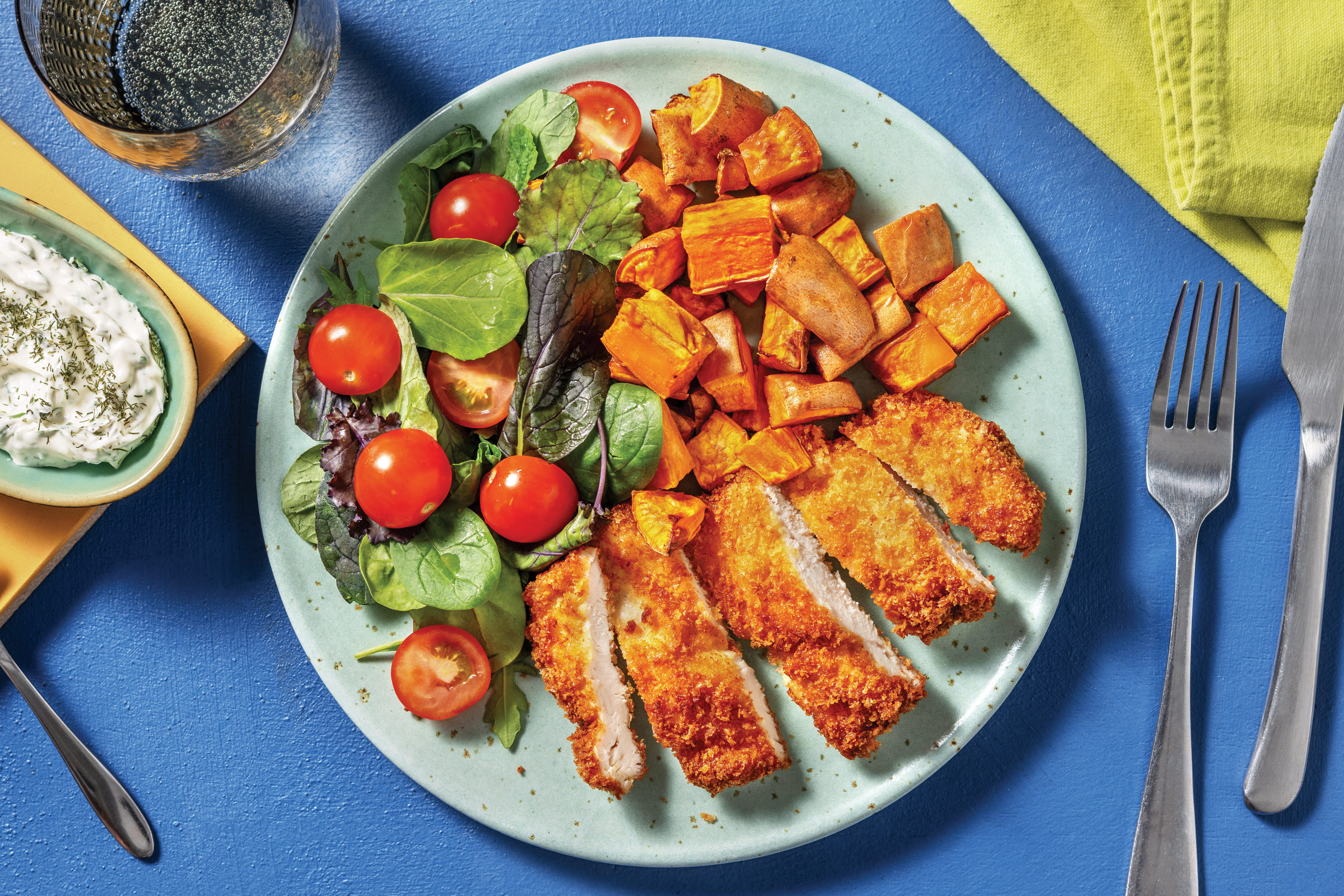 Chicken Schnitzel & Garlicky Roast Sweet Potato