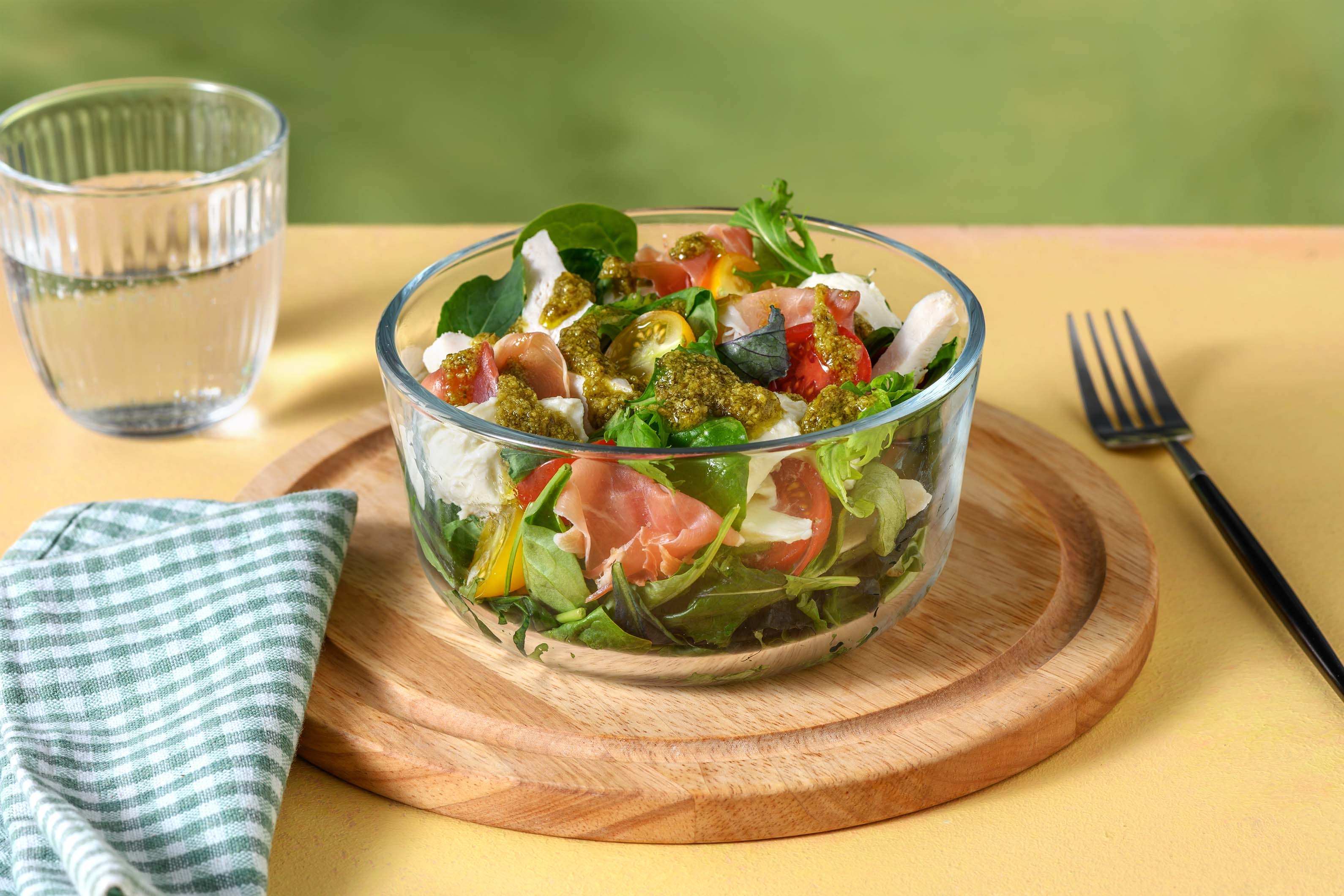 Chicken, Serrano, Mozzarella Salad with Tomatoes & Pesto Dressing