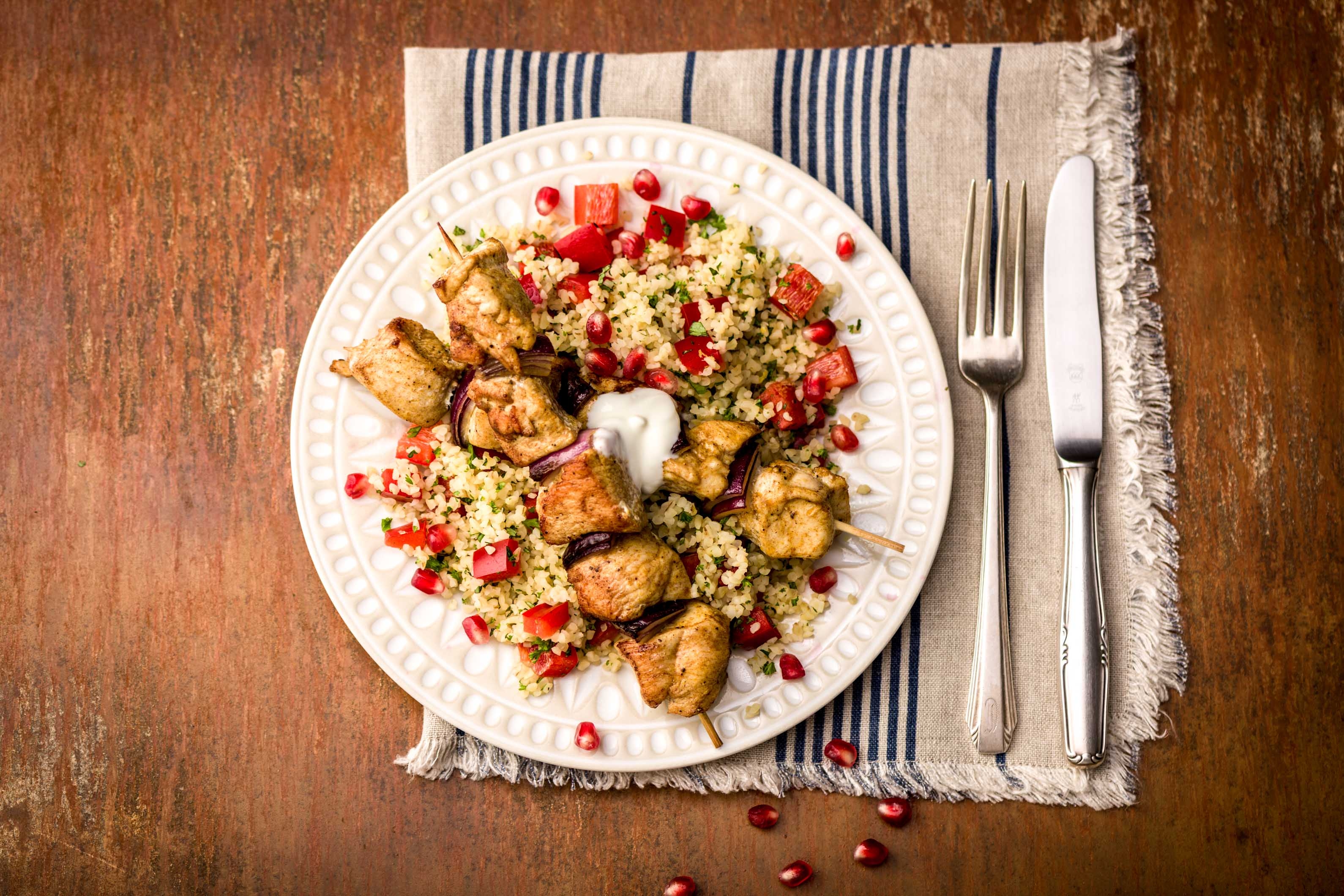 Chicken Shawarma Kebabs with Jewelled Tabbouleh
