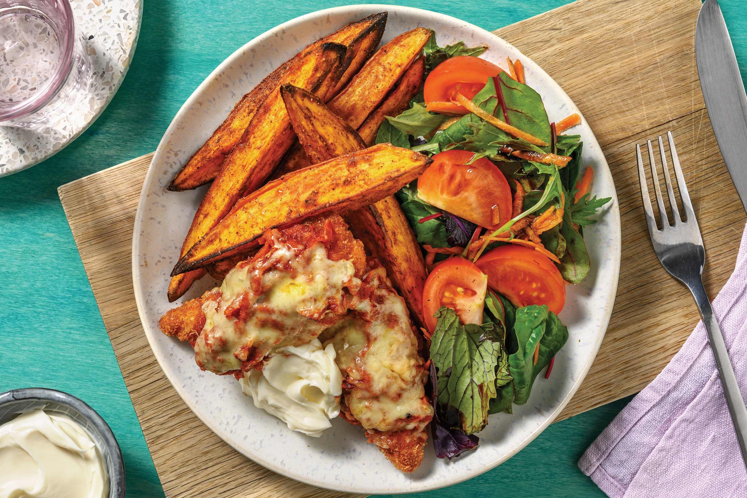 Chick'n Parmigiana & Sweet Potato Wedges