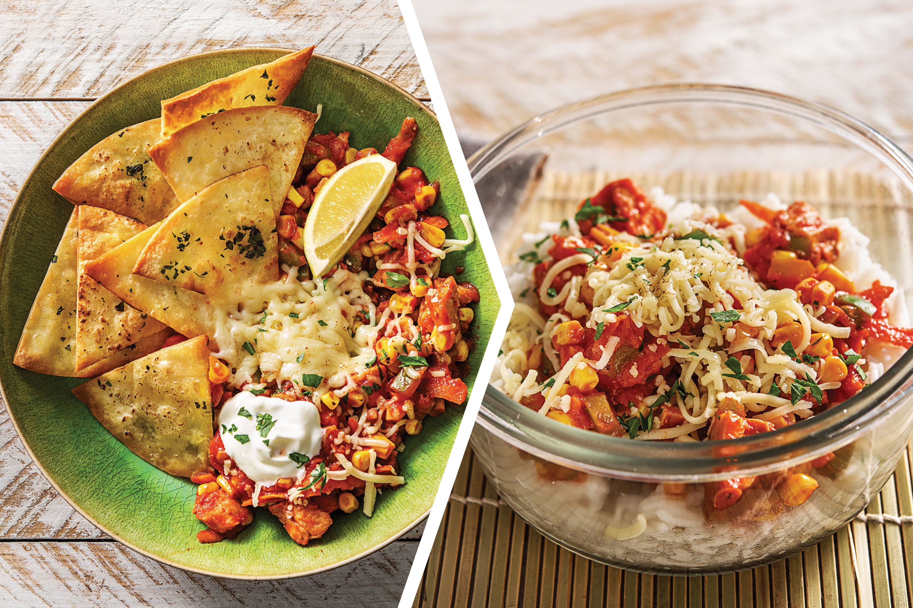 Chilli con Chicken with Coriander Tortilla Chips for Dinner