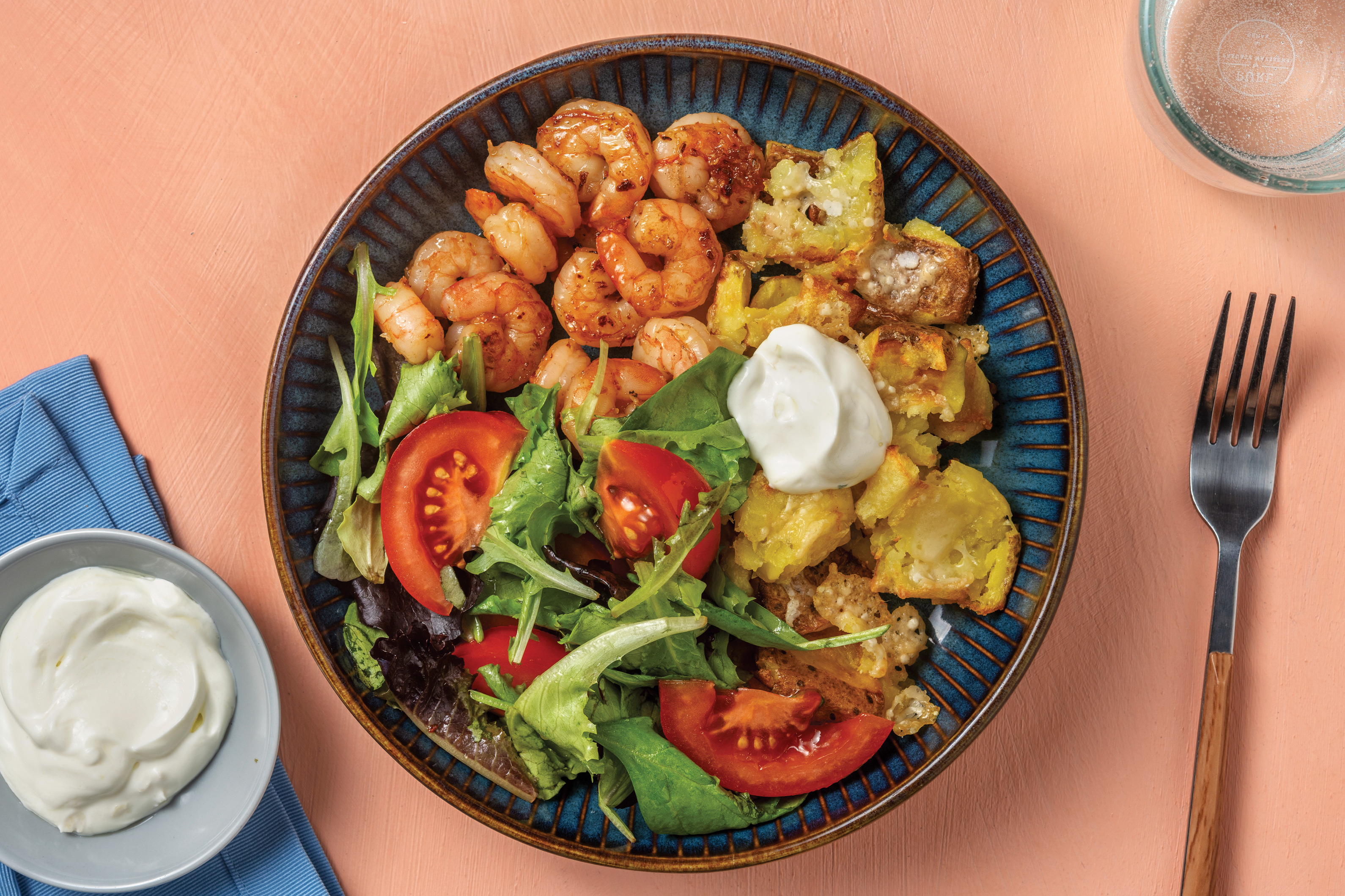 Chilli-Garlic Honey Prawns & Cheesy Crushed Potatoes