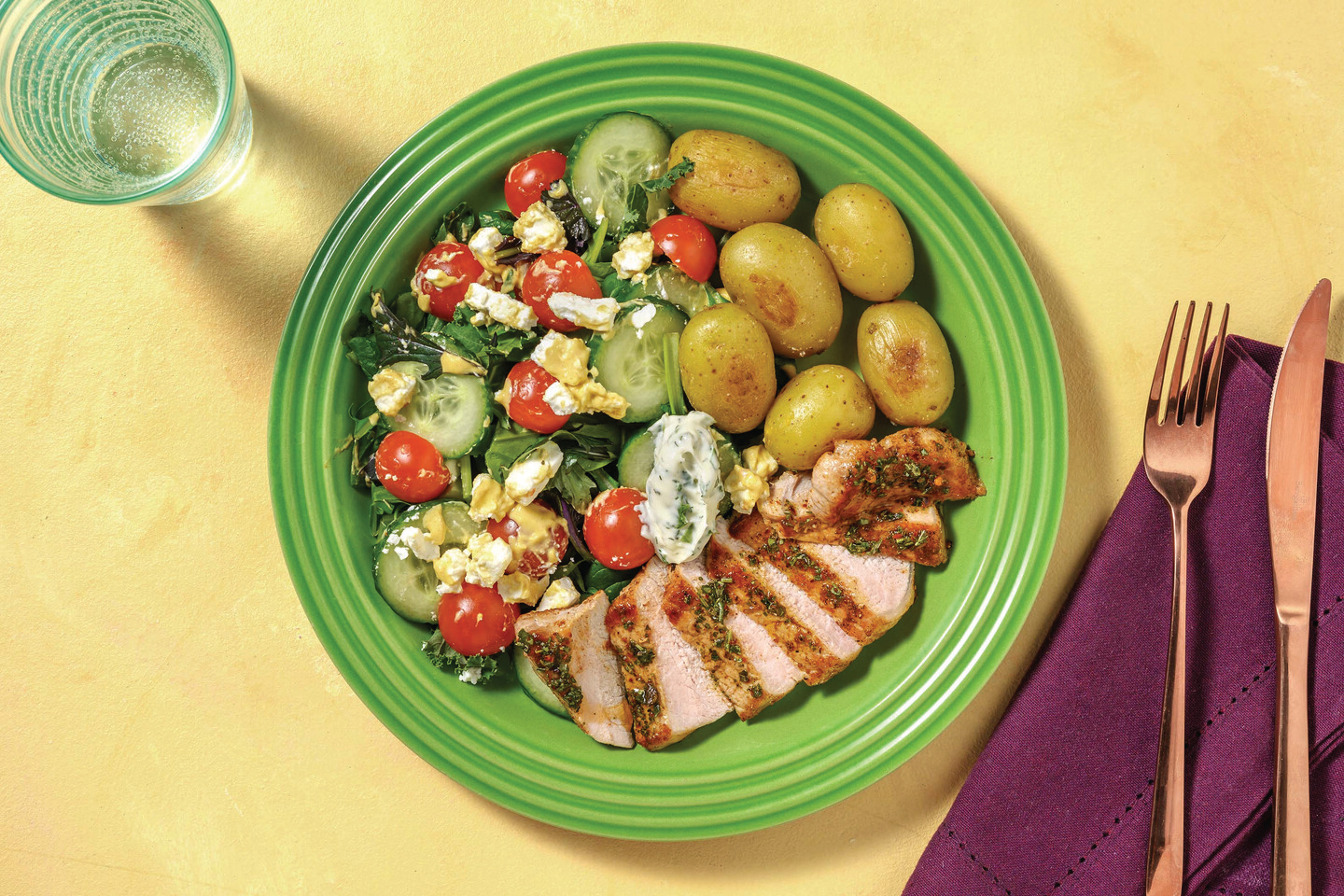 Chimichurri Pork & Garlic Potatoes with Cucumber Salad & Herby Mayo