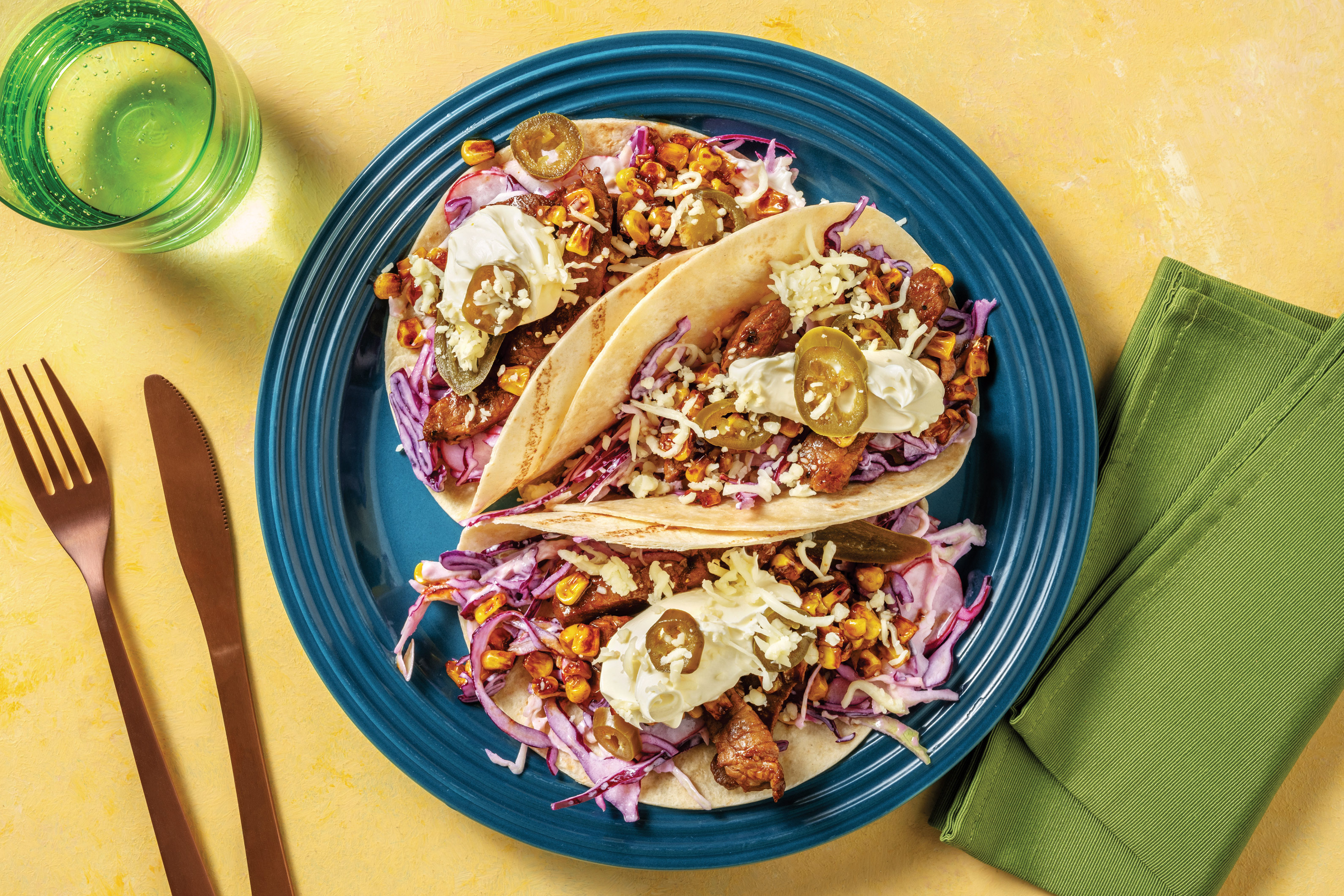 Chipotle Beef & Corn Tacos with Slaw & Jalapeños