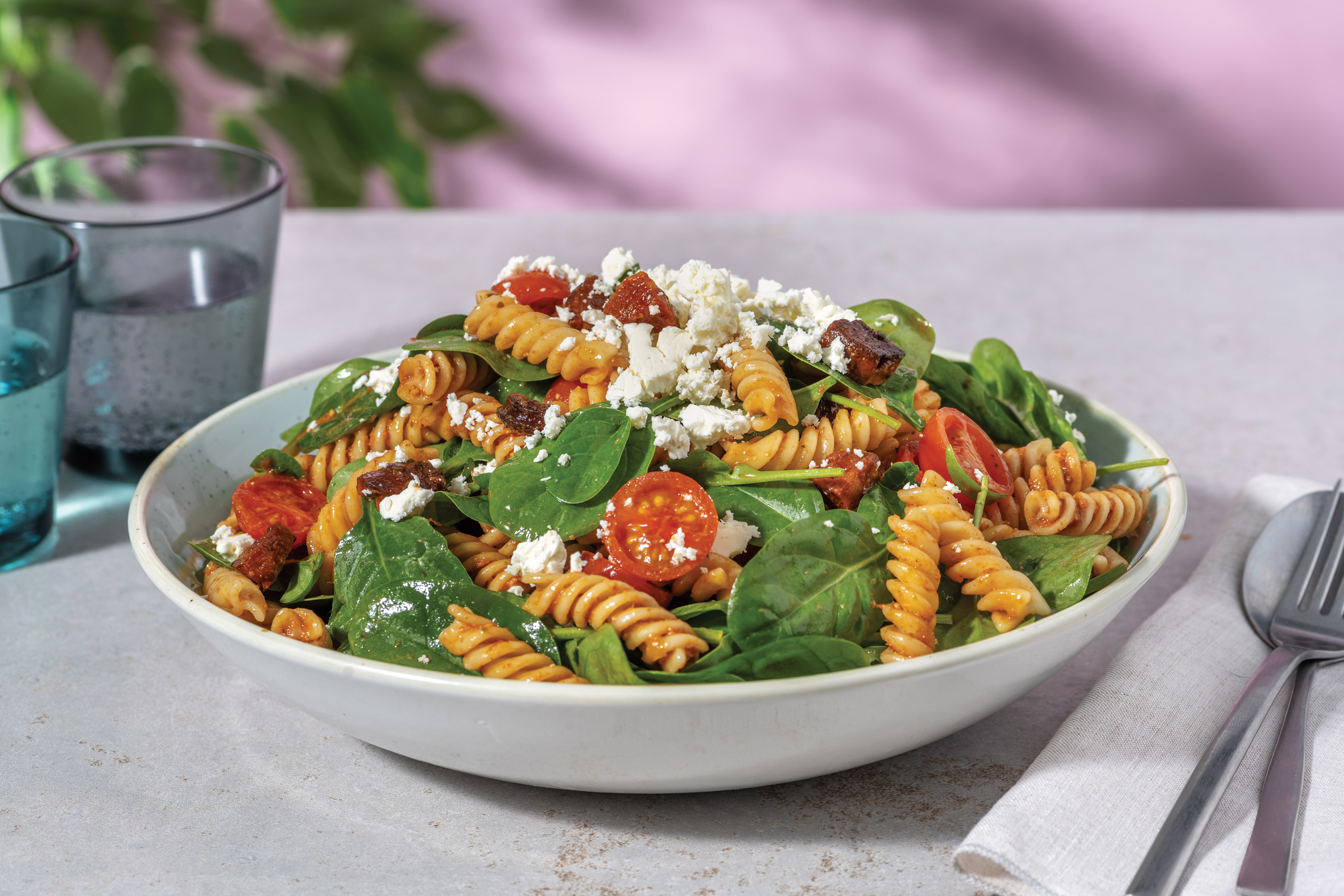 Chorizo & Cherry Tomato Fusilli with Red Pesto & Crumbly Cheese