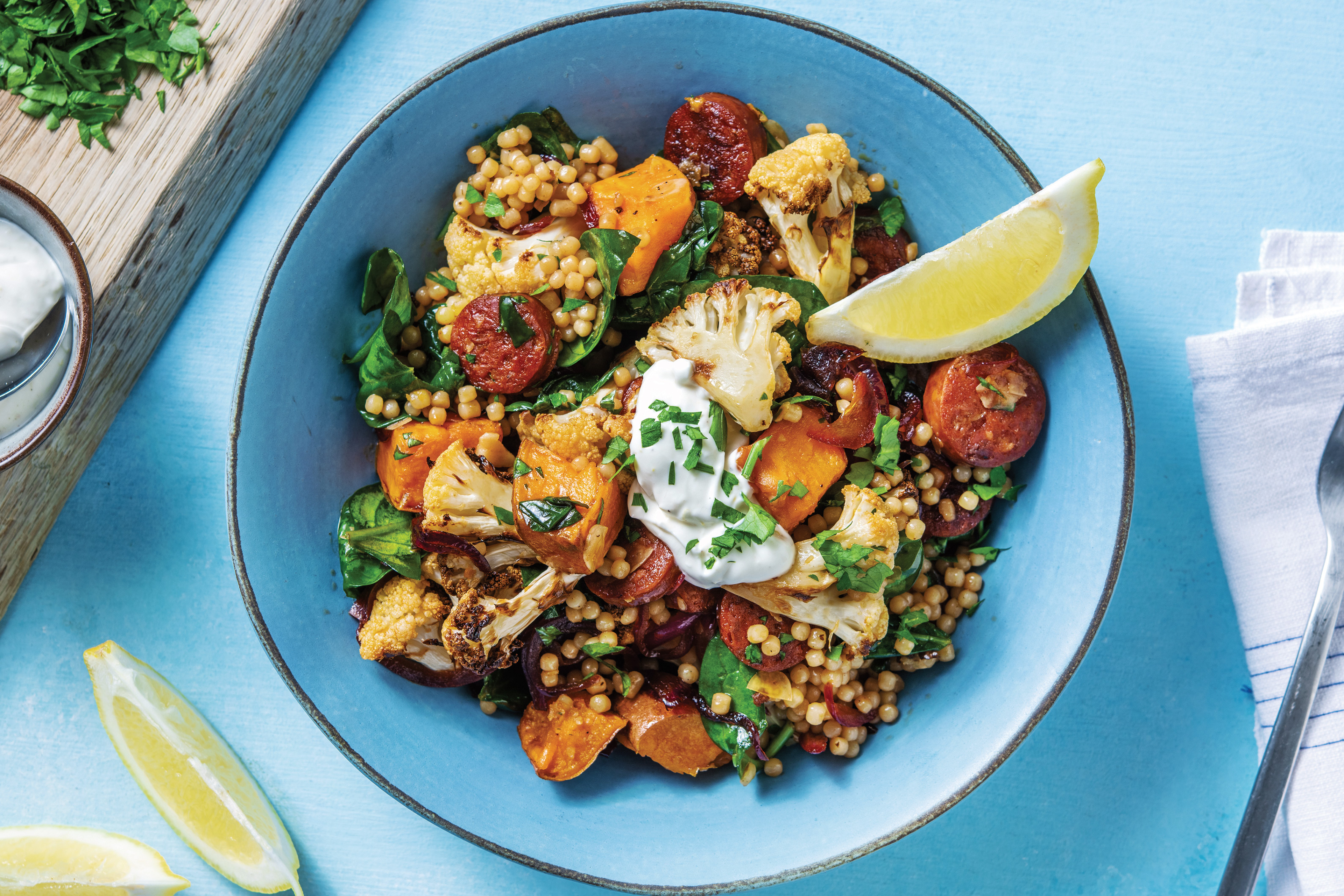 Chorizo & Roast Cauliflower Pearl Couscous Toss
