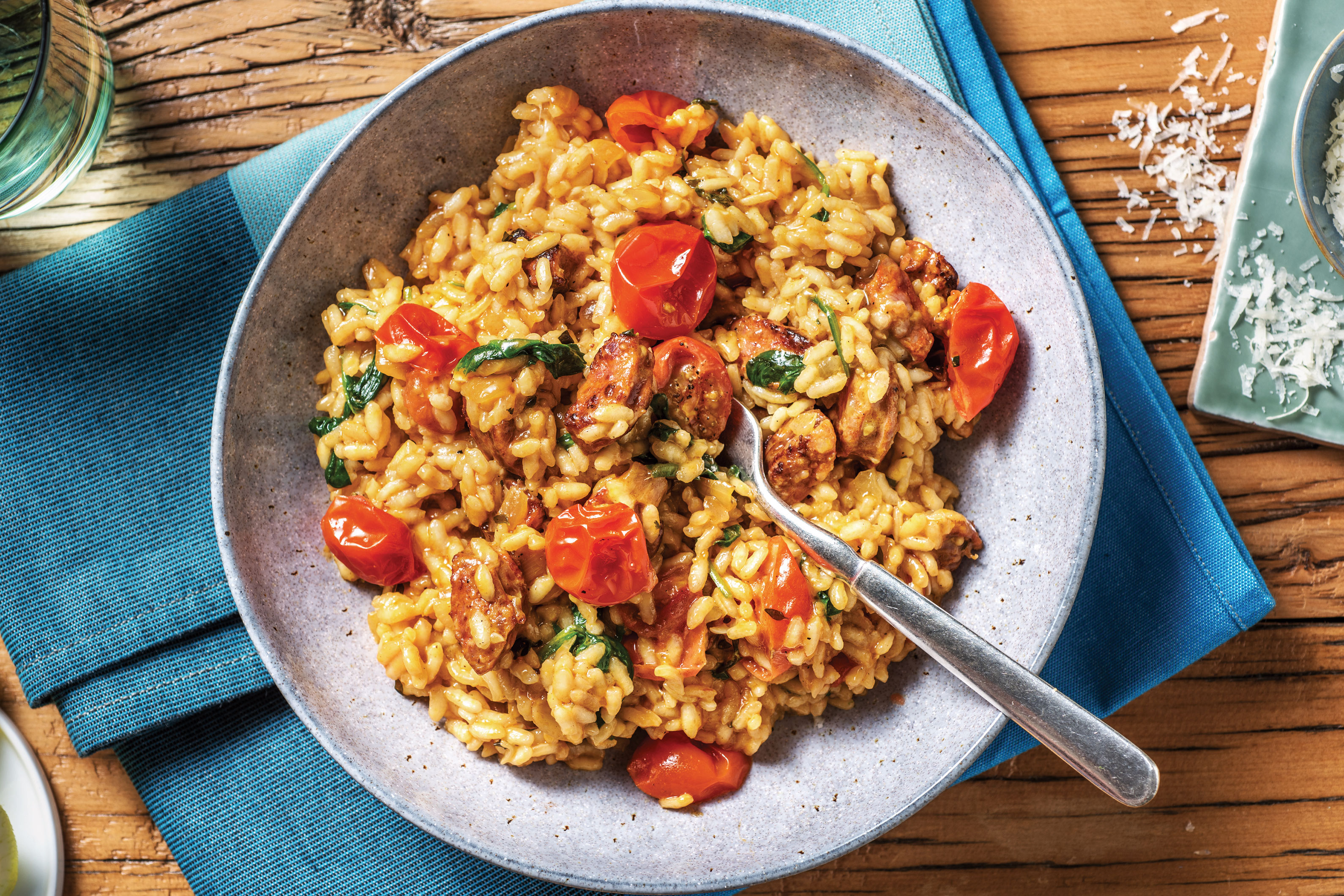 Baked Chorizo, Cherry Tomato & Spinach Risotto