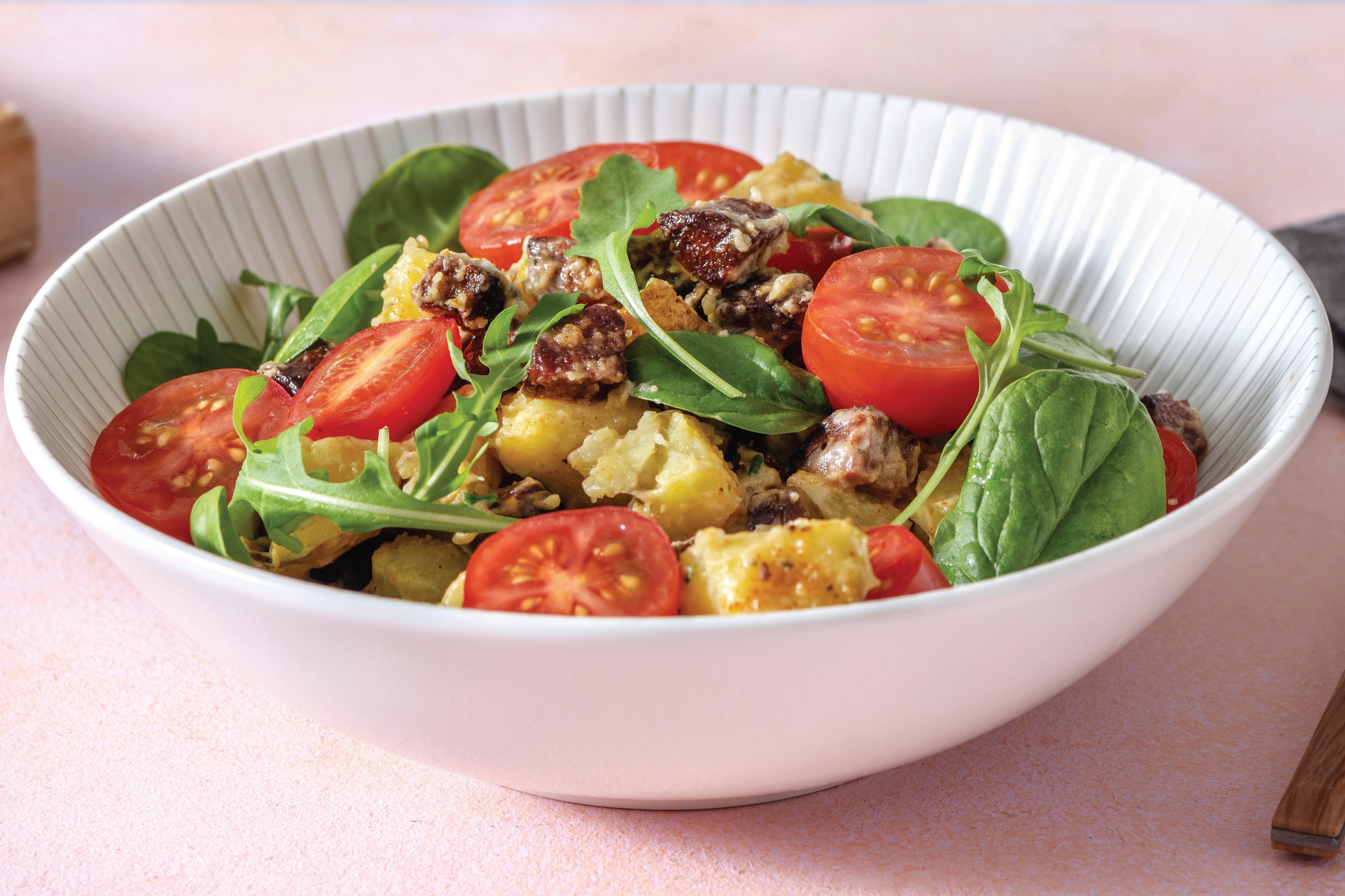 Creamy Potato & Chorizo Salad with Cherry Tomatoes & Rocket
