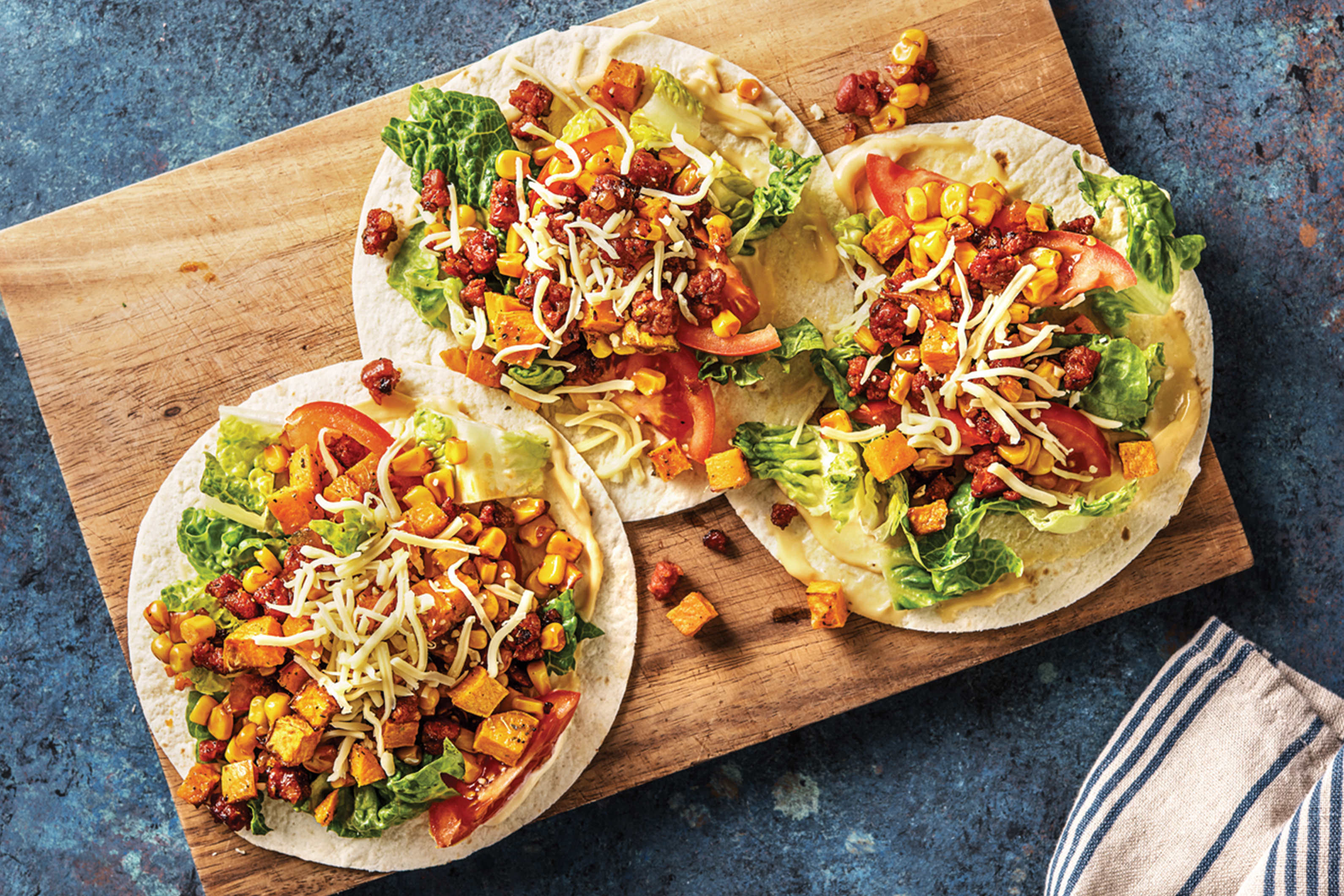 Mild Chorizo, Golden Sweet Potato & Charred Corn Tacos