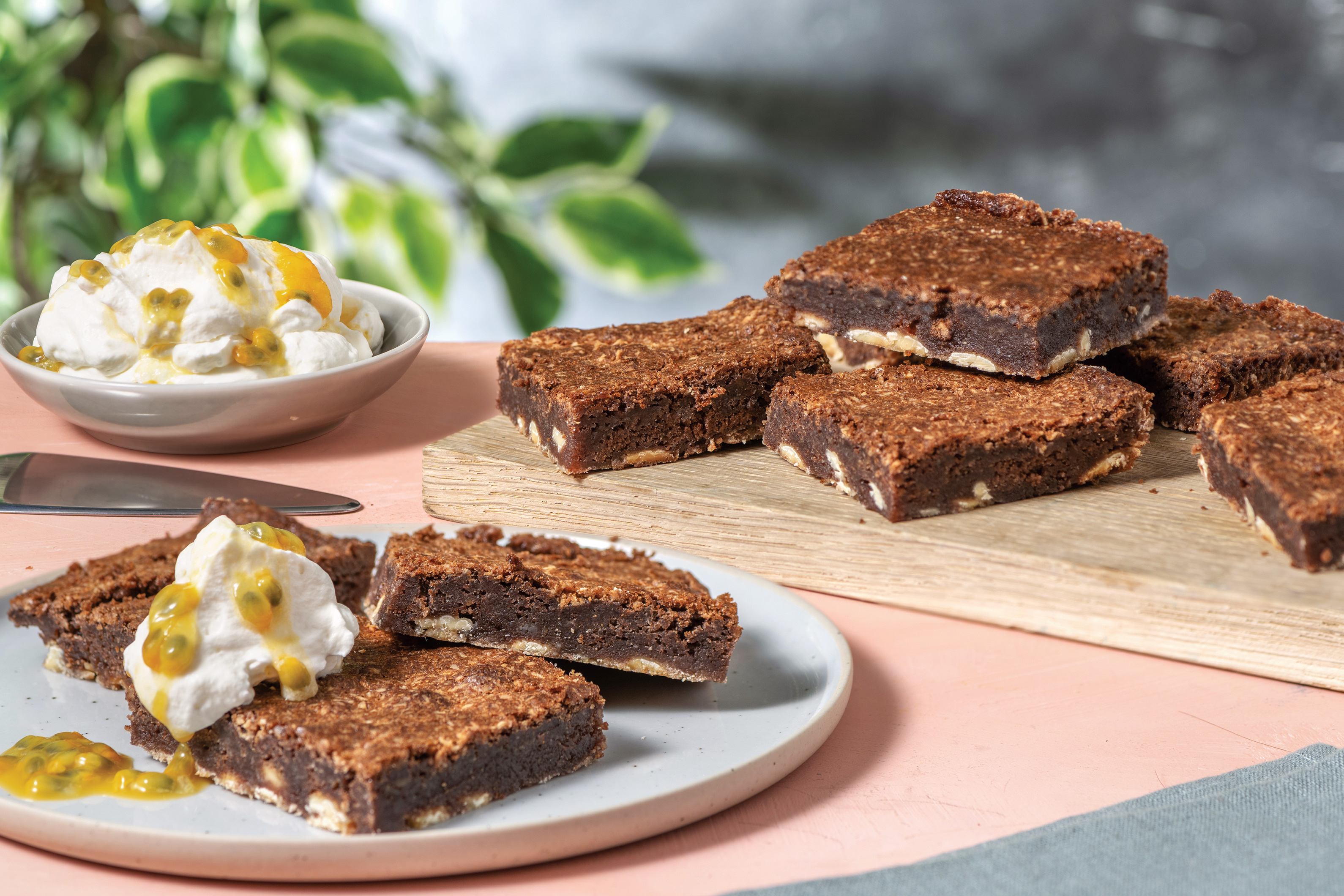 Coconut & White Chocolate Brownies with Passionfruit Cream