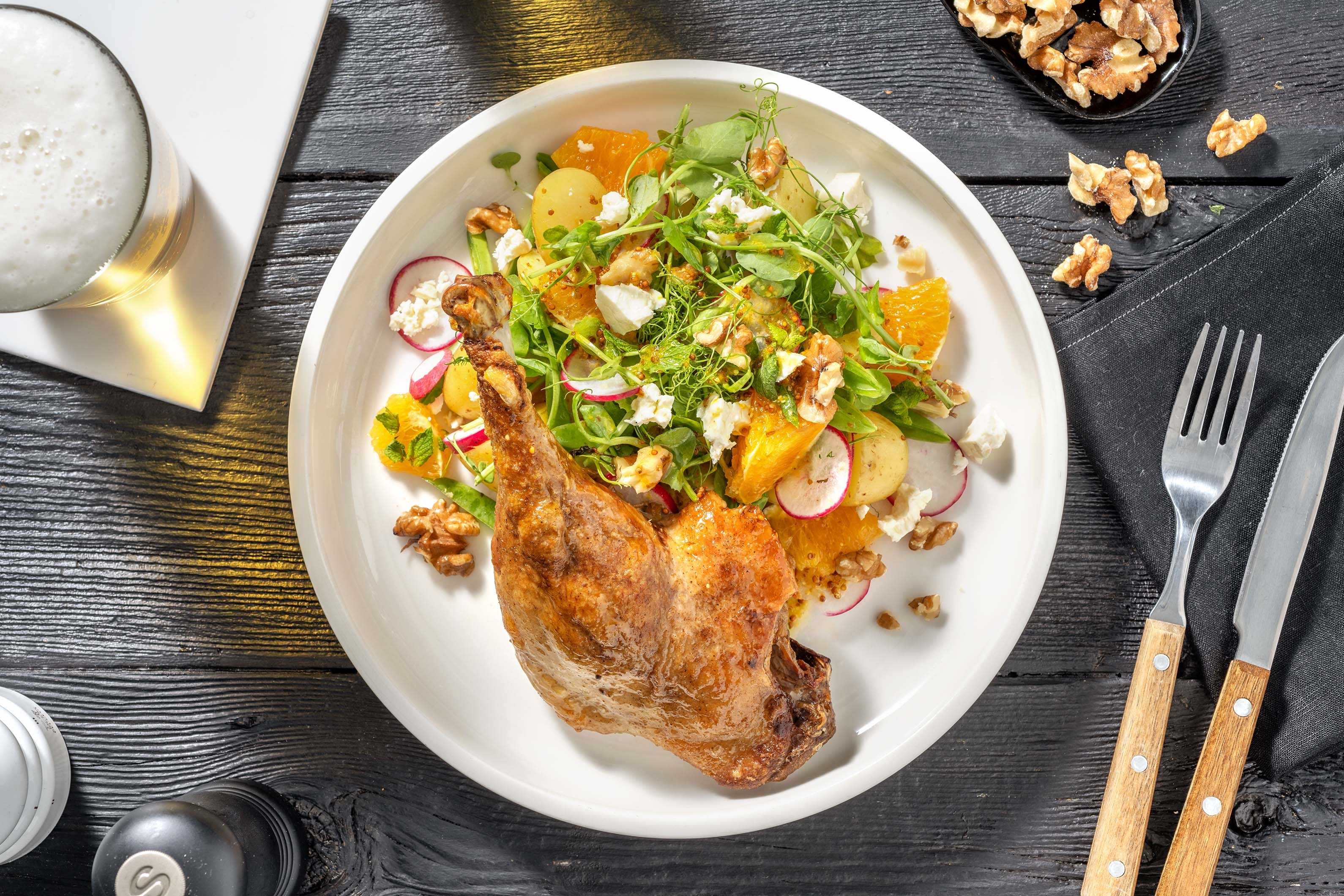 Confit Duck Leg, Pea Shoot and Orange Salad