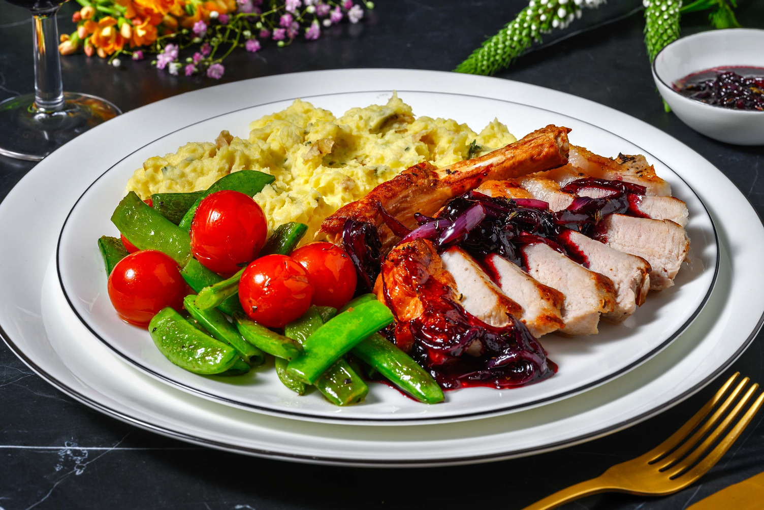 Garlicky Bone-In Pork Chops with Blueberry-Balsamic Sauce