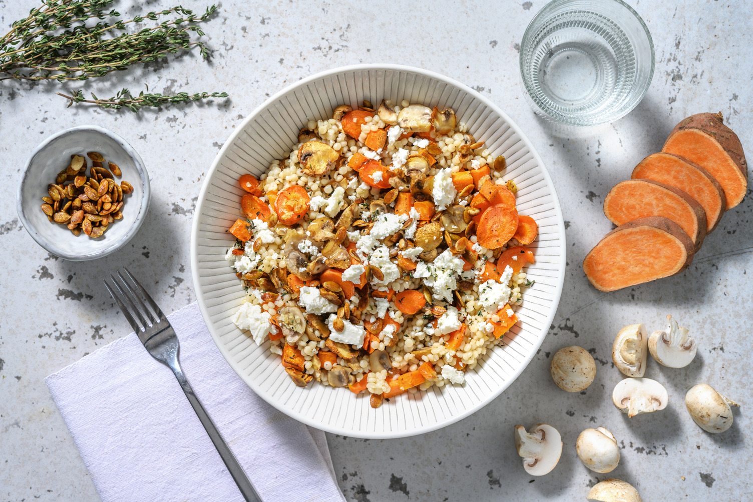 Parelcouscous met zoete aardappel en feta