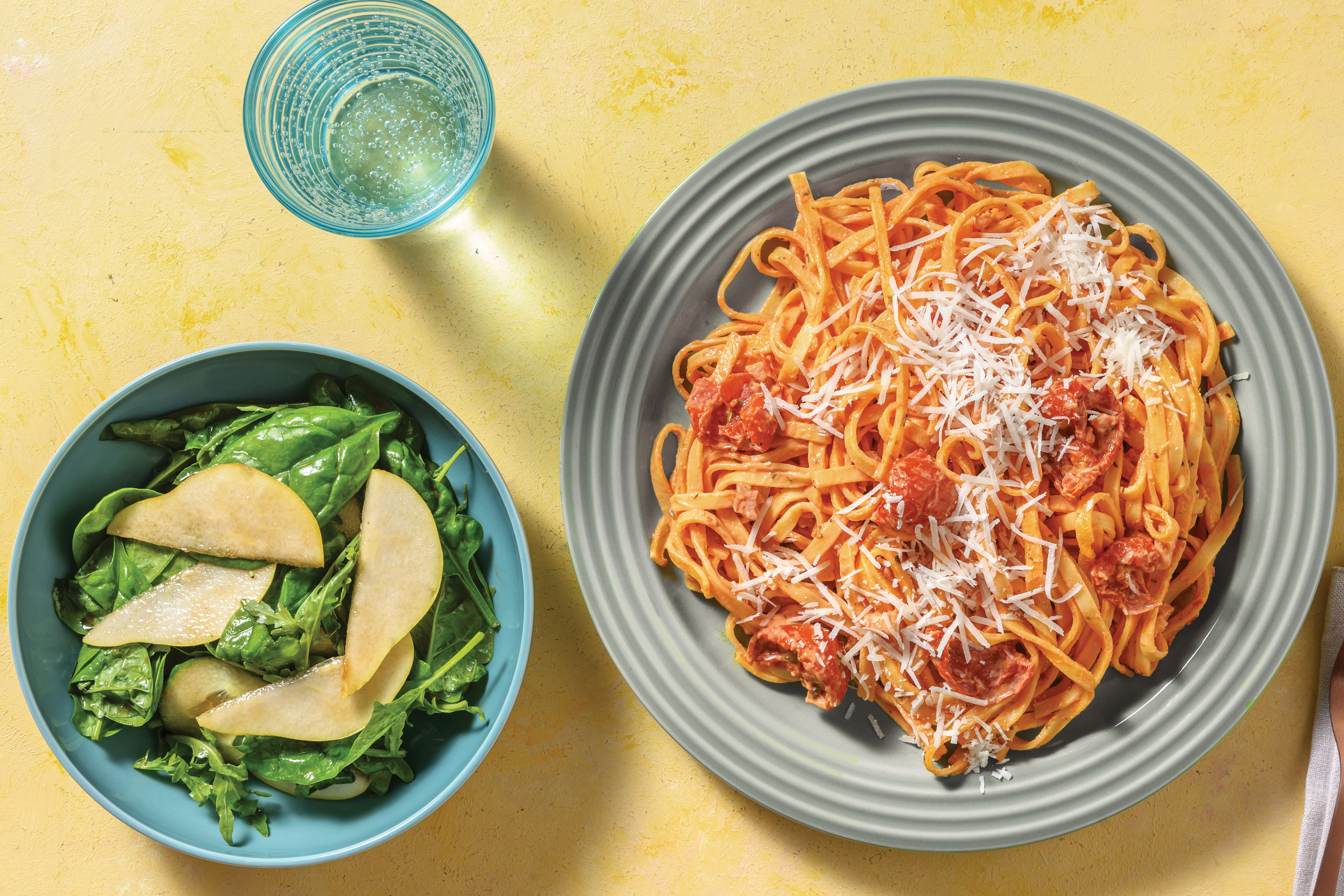 Creamy Bacon & Tomato Fresh Fettuccine with Pear Salad
