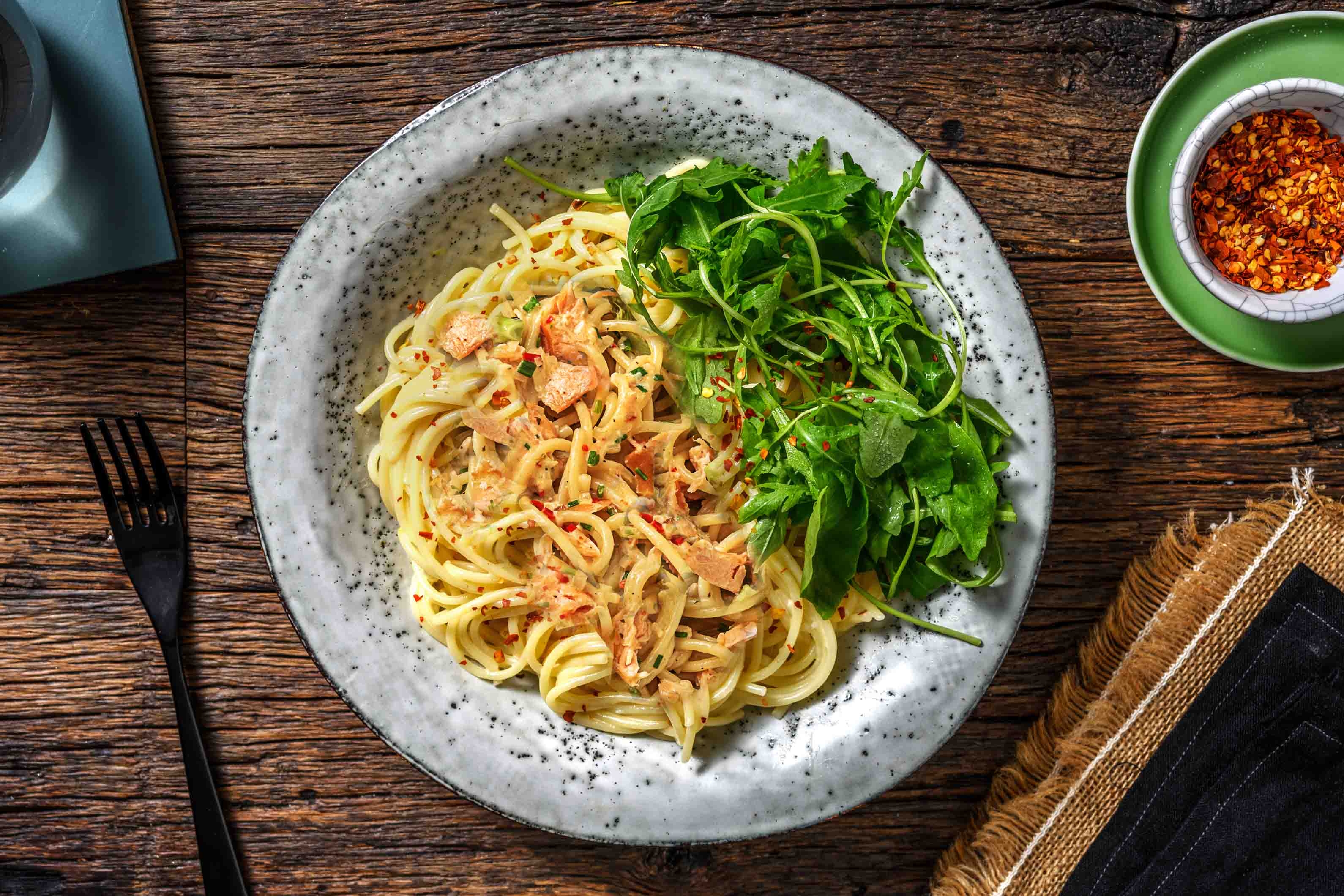 Creamy Lemony Spaghetti with Hot Smoked Salmon